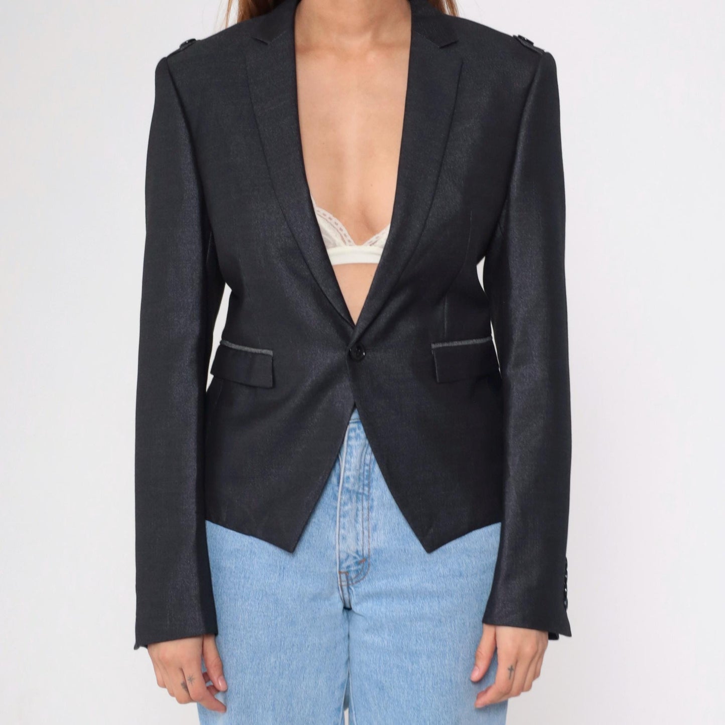 Y2K Black Fitted Blazer Military Epaulette Deep V Neck Button Up Extra Small