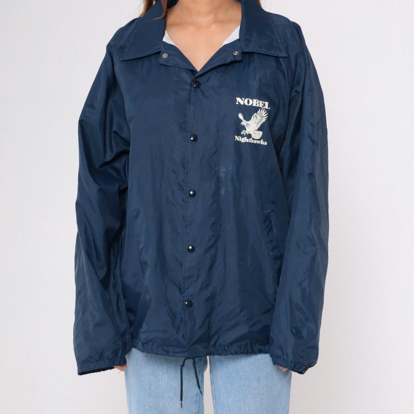 90s Nobel Nighthawks Navy Windbreaker Jacket Snap Front Nylon XXL