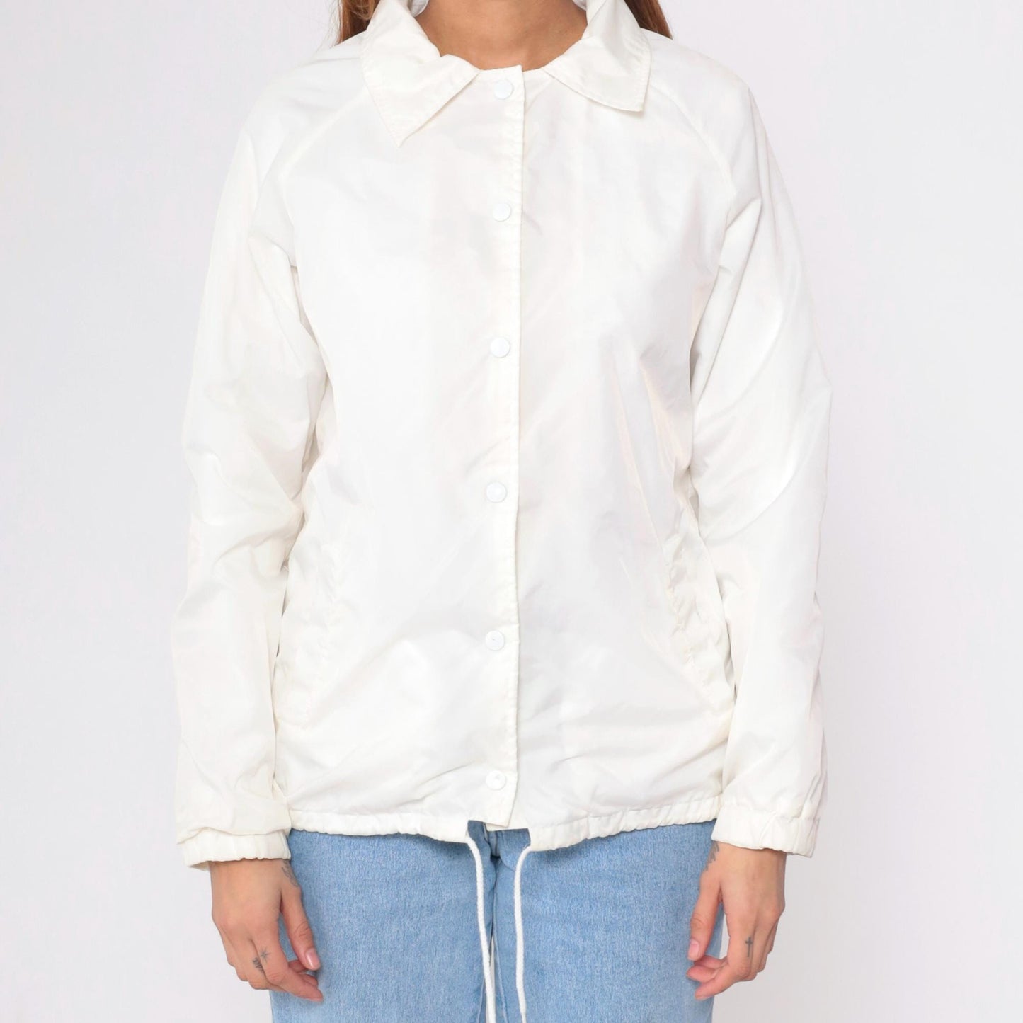 80s White Nylon Windbreaker Jacket Snap Raglan Sleeve Medium