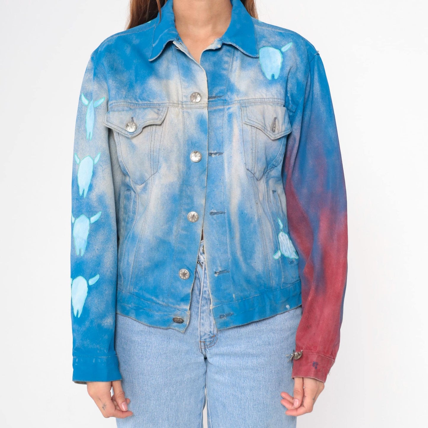 90s Airbrushed Denim Jacket Cow Skull Bison Print Western Blue Medium M