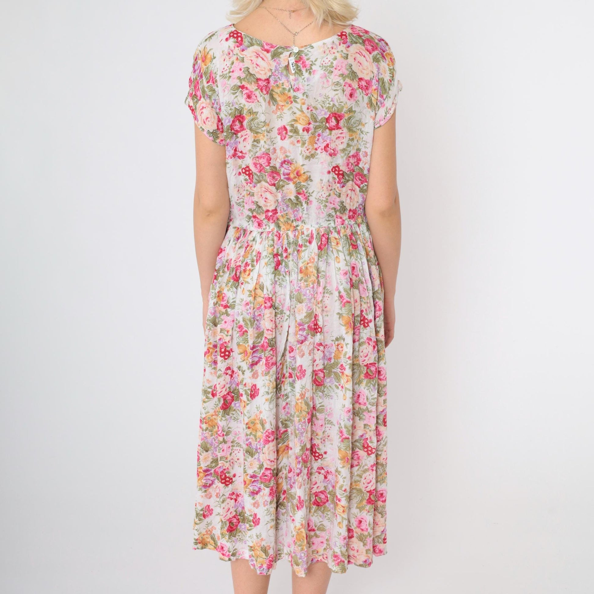 90s Bila Floral Midi Dress White Pink Yellow Green High Waist Medium M