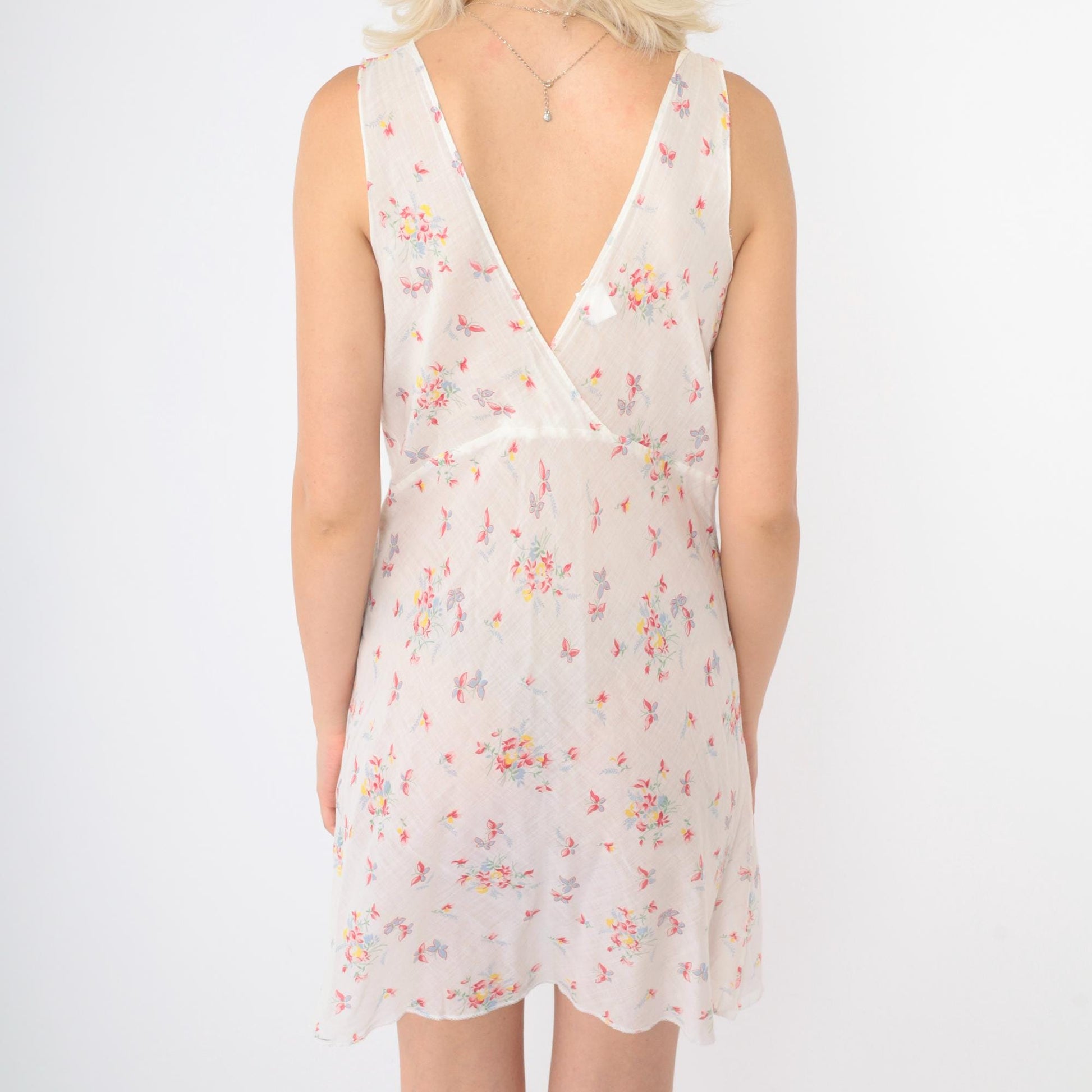 70s Floral Butterfly Slip Dress White Eyelet Lace Mini V-Neck Medium