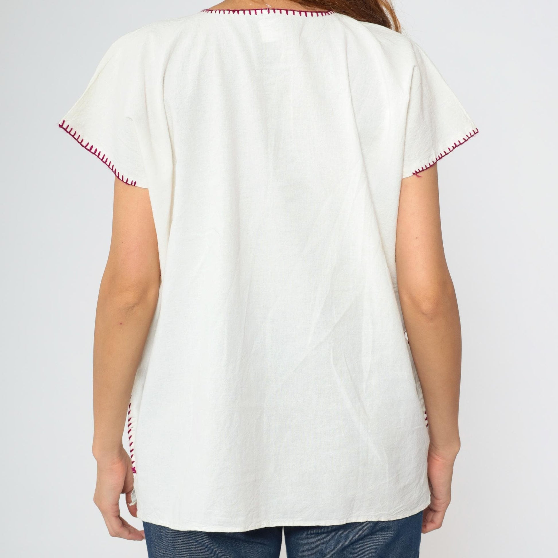 90s Mexican Embroidered Tunic Blouse White Purple Floral Large