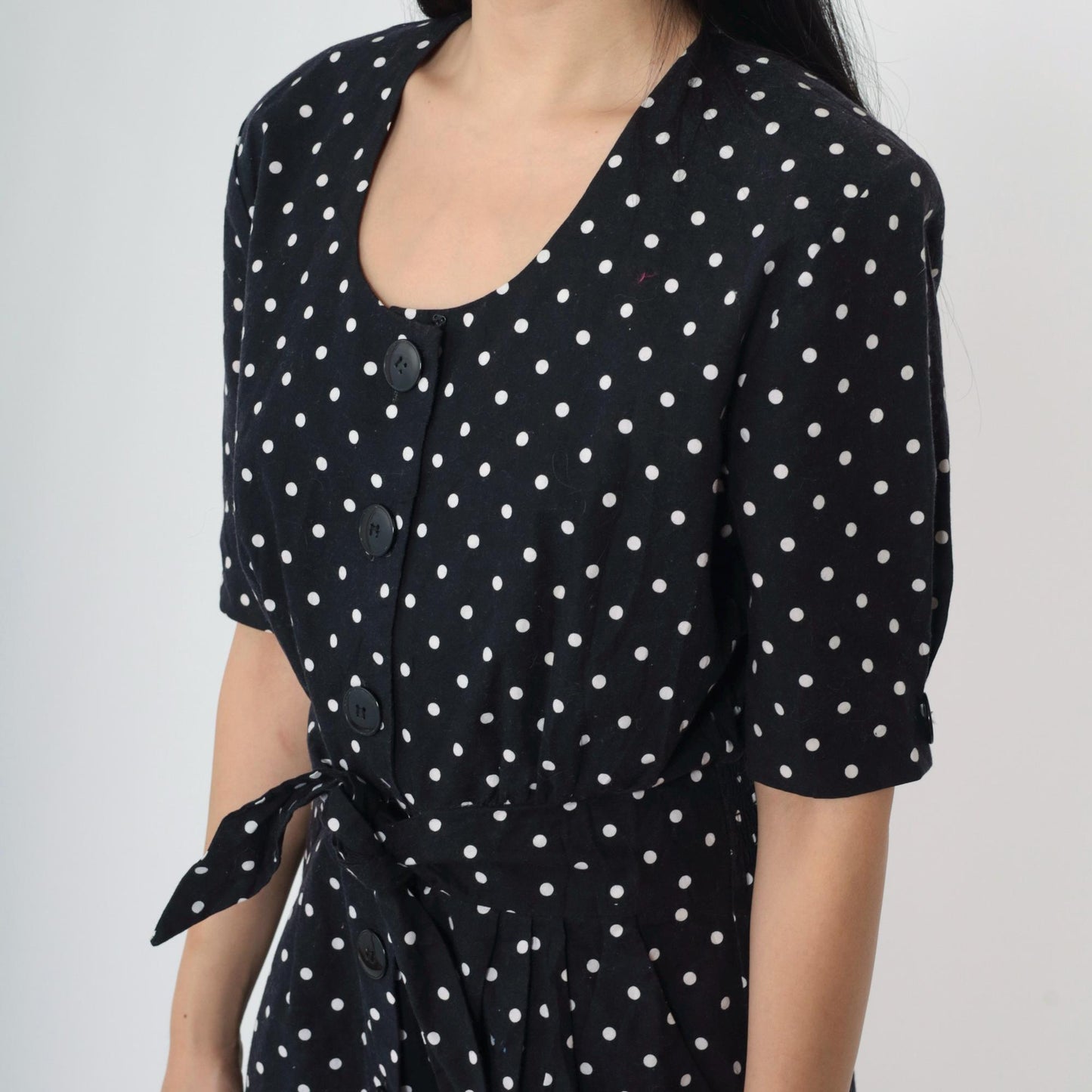 90s Black Polka Dot Midi Dress Button-Up Cotton High Waist Medium
