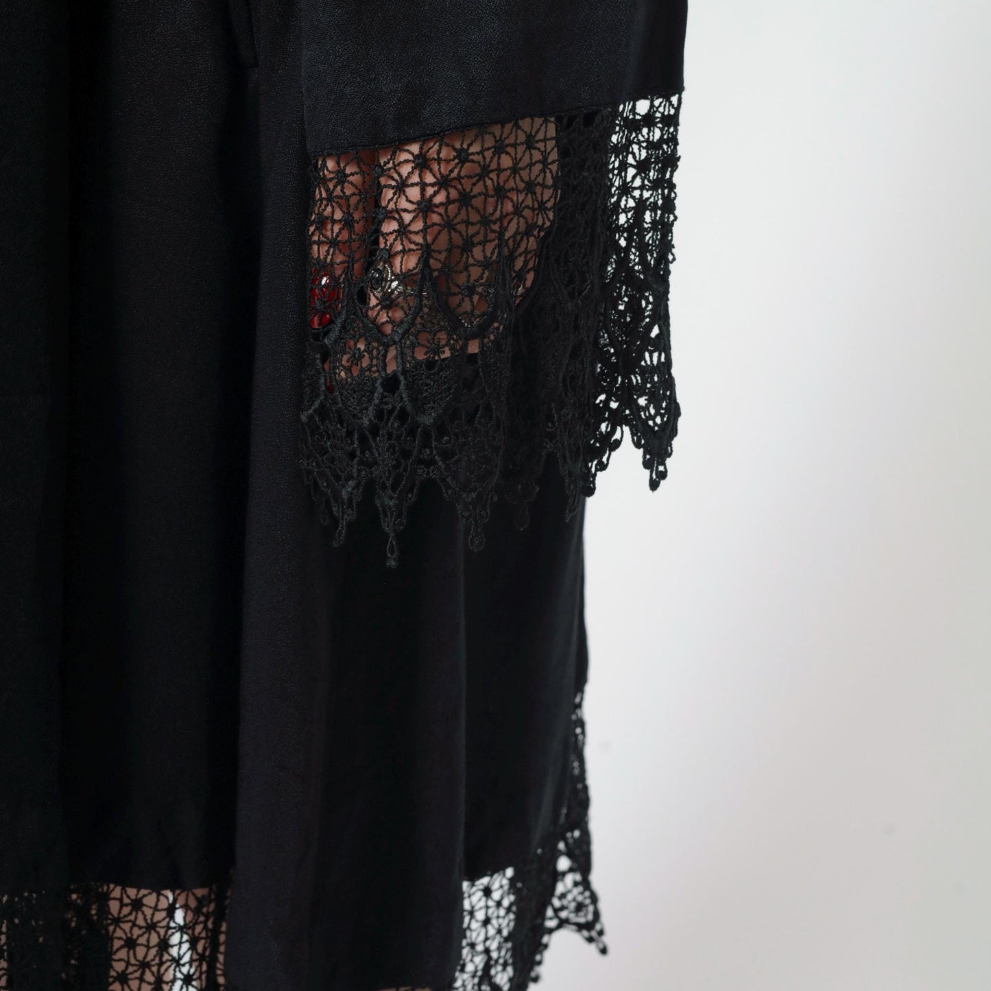 90s Black Lace Trim Button-Up Midi Dress Western Yoke Long Sleeve Extra Large XXL