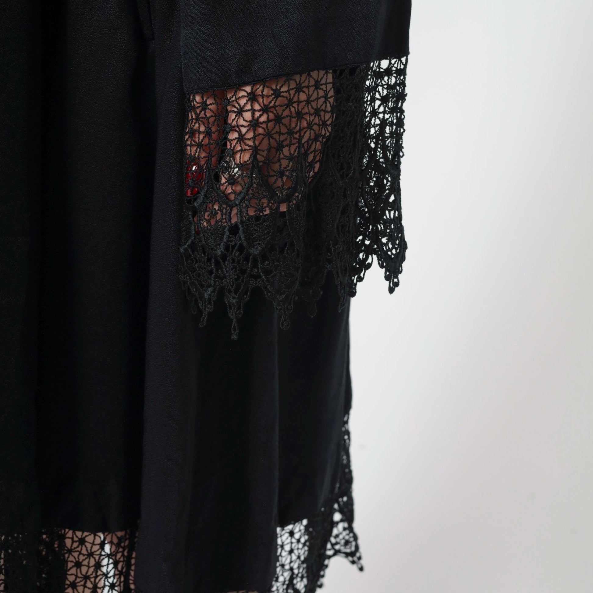 90s Black Lace Trim Button-Up Midi Dress Western Yoke Long Sleeve Extra Large XXL