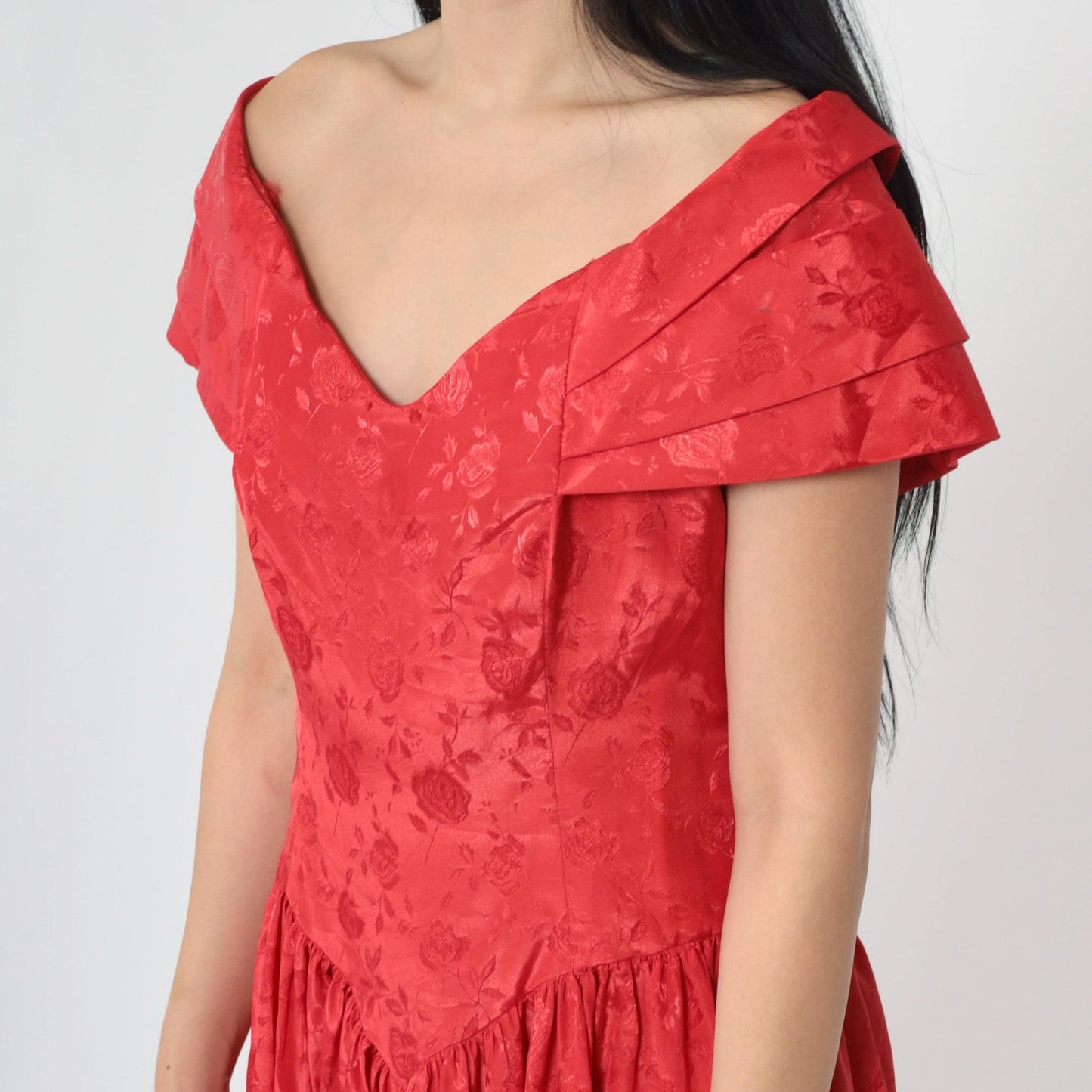 80s Red Floral Jacquard Midi Dress Off-Shoulder Pleated Collar Medium
