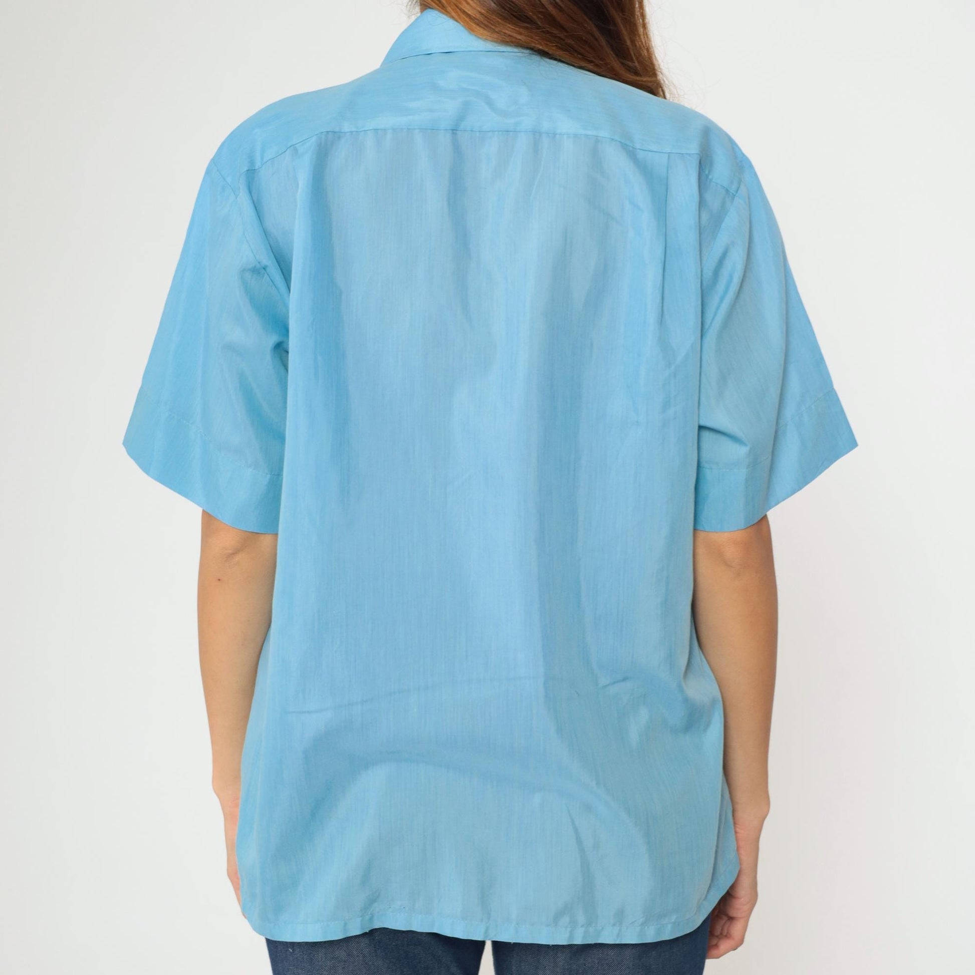 70s Crystalaire Blue Button-Up Shirt Short Sleeve Chest Pocket Men's Medium