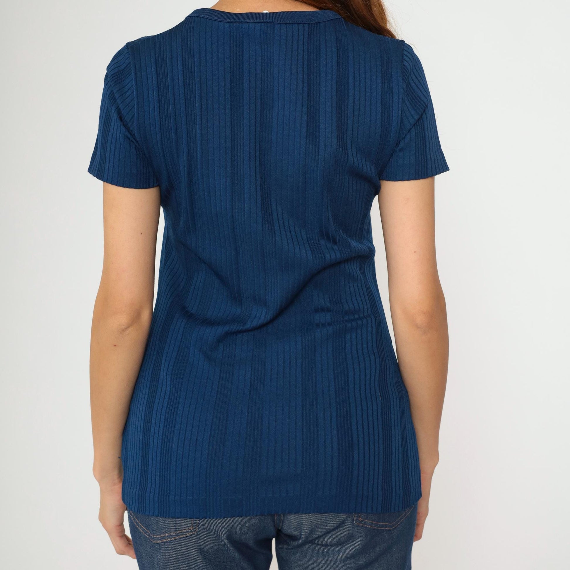 70s Navy Ribbed Polyester Baby Tee Scoop Neck Button Front Medium