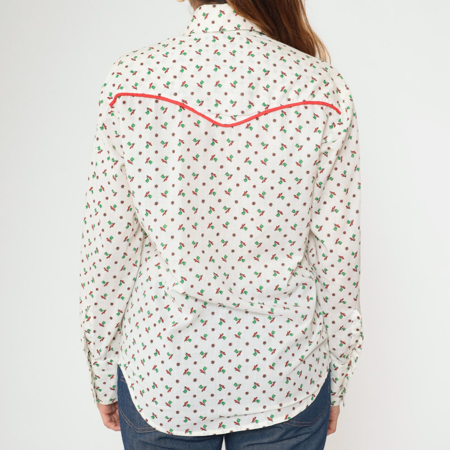 70s Floral Western Shirt White Green Red Piping Button Up Men's Medium