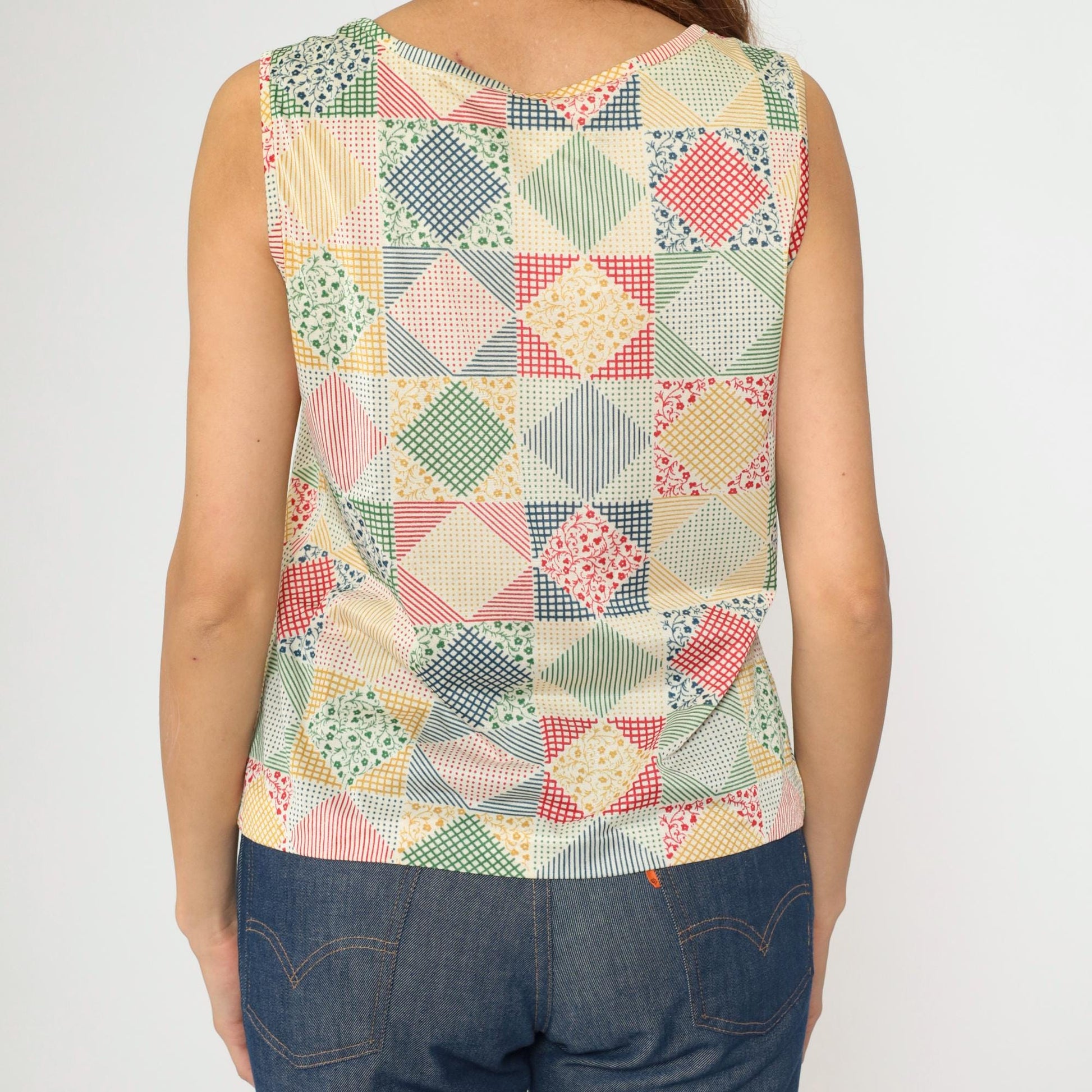 70s Patchwork Floral Tank Top Checkered Print Sleeveless Medium Large