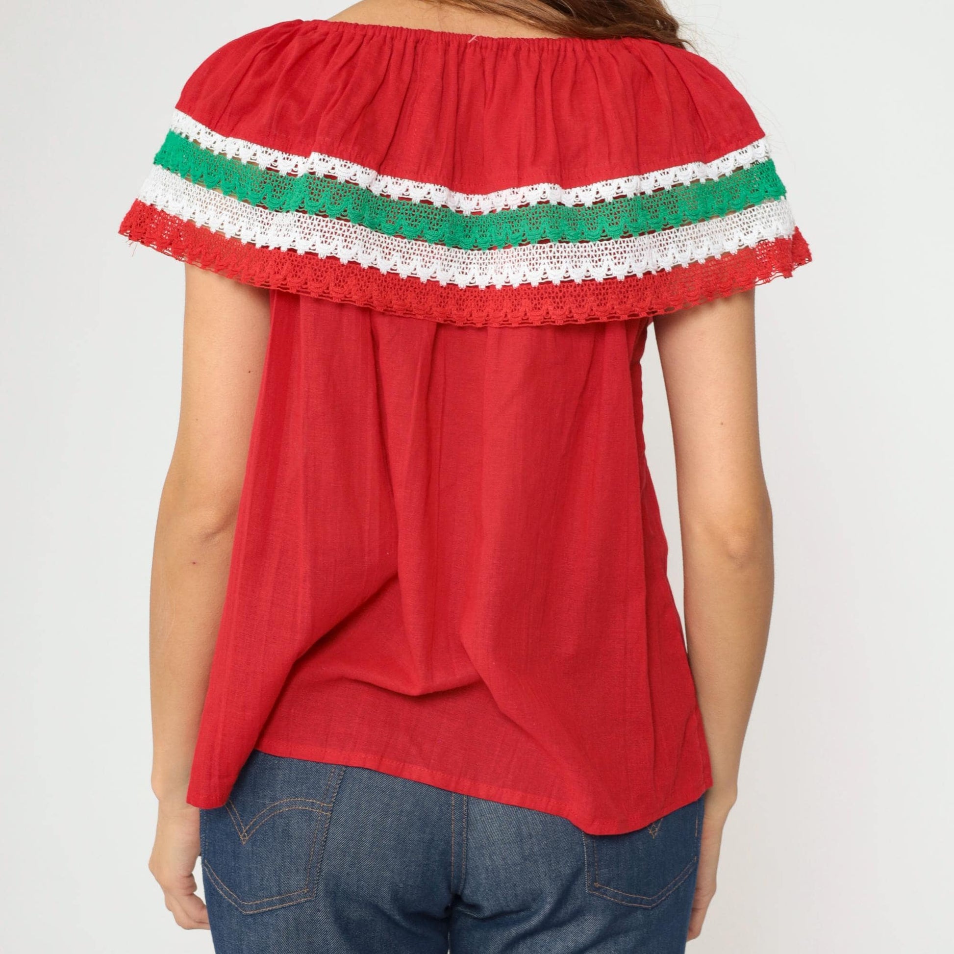 90s Red Mexican Peasant Blouse Crochet Lace Off-Shoulder Small Medium
