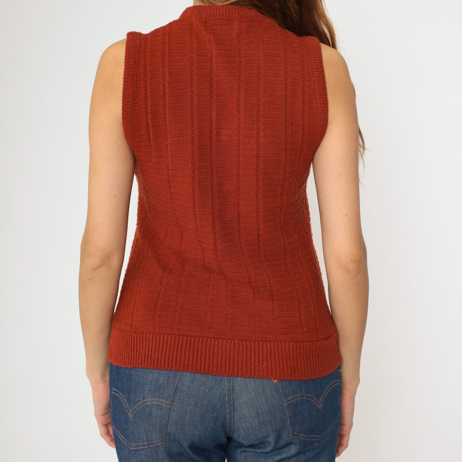 80s Montgomery Ward Rust Acrylic Knit Vest V-Neck Sleeveless Pullover Small