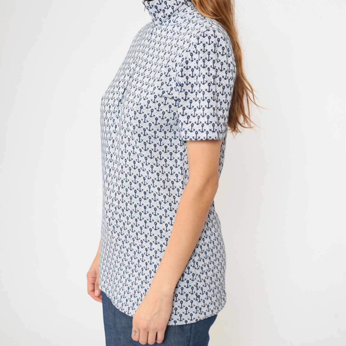 70s Nautical Anchor Print Quarter Zip Collared Top Blue Short Sleeve Medium Tall