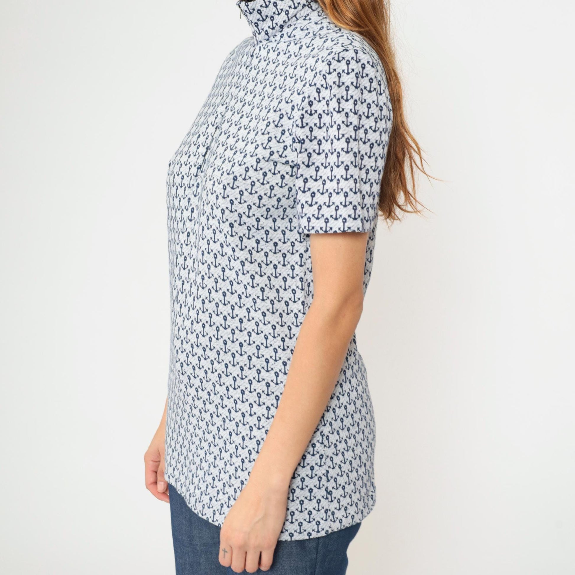 70s Nautical Anchor Print Quarter Zip Collared Top Blue Short Sleeve Medium Tall
