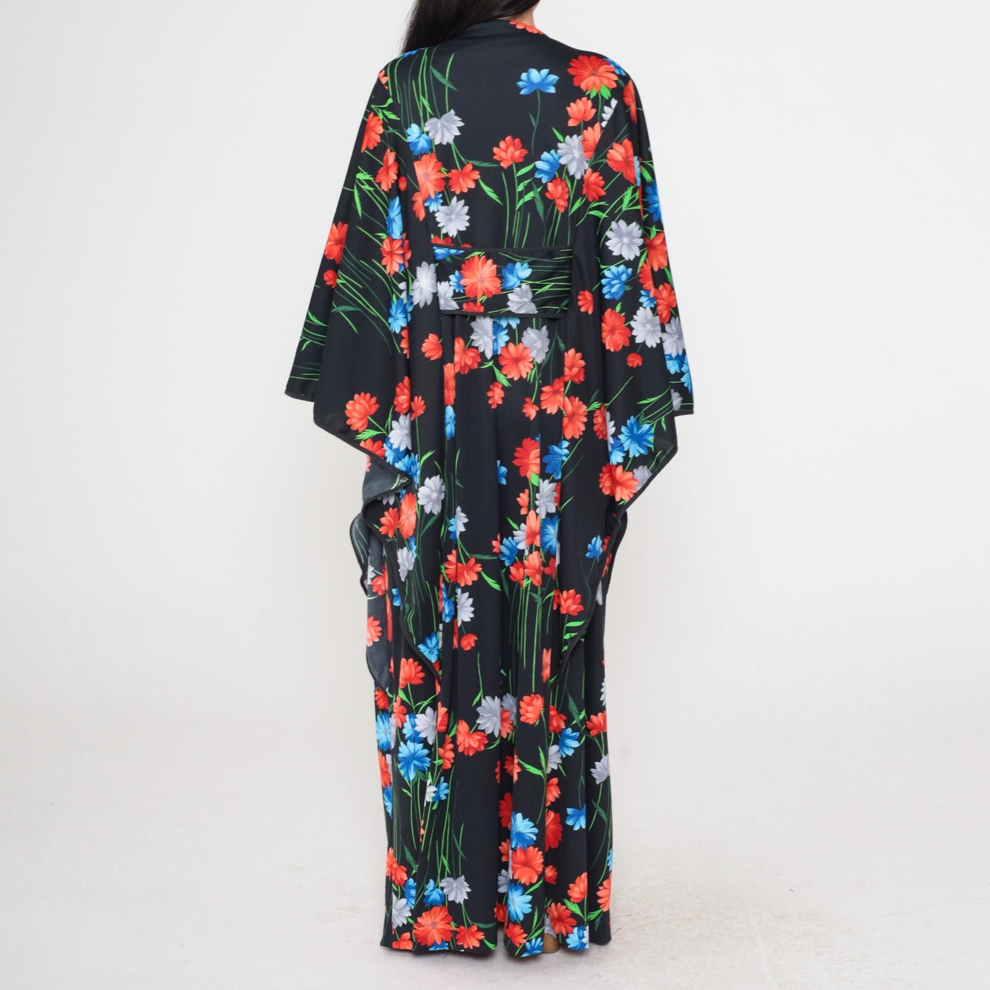 70s Black Floral Maxi Dress Kimono Sleeve Button Front Slit One Size