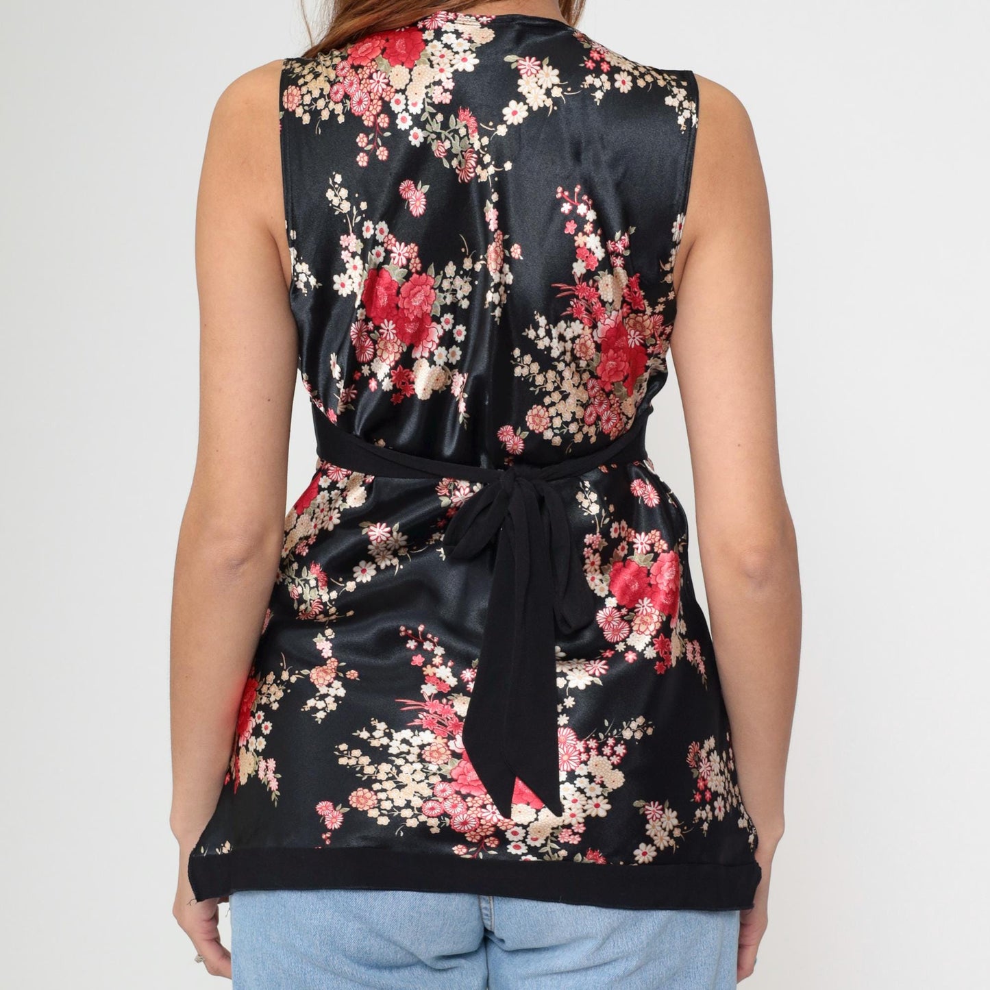 Y2K Black Satin Floral Tank Top Deep V Neck Empire Waist 00s Medium
