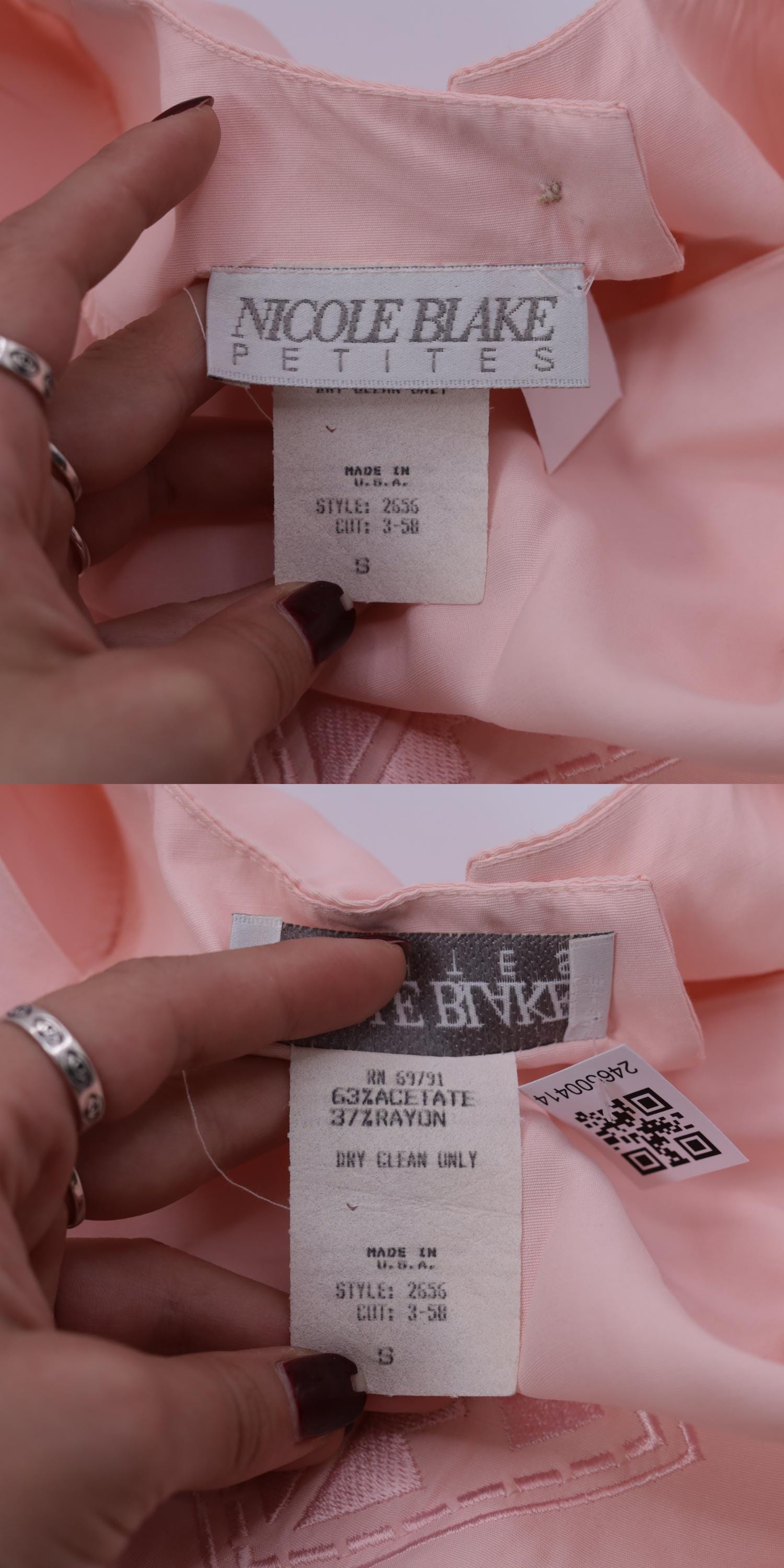 80s Nicole Blake Petites Blush Pink Embroidered Diamond Blouse Short Sleeve Small S