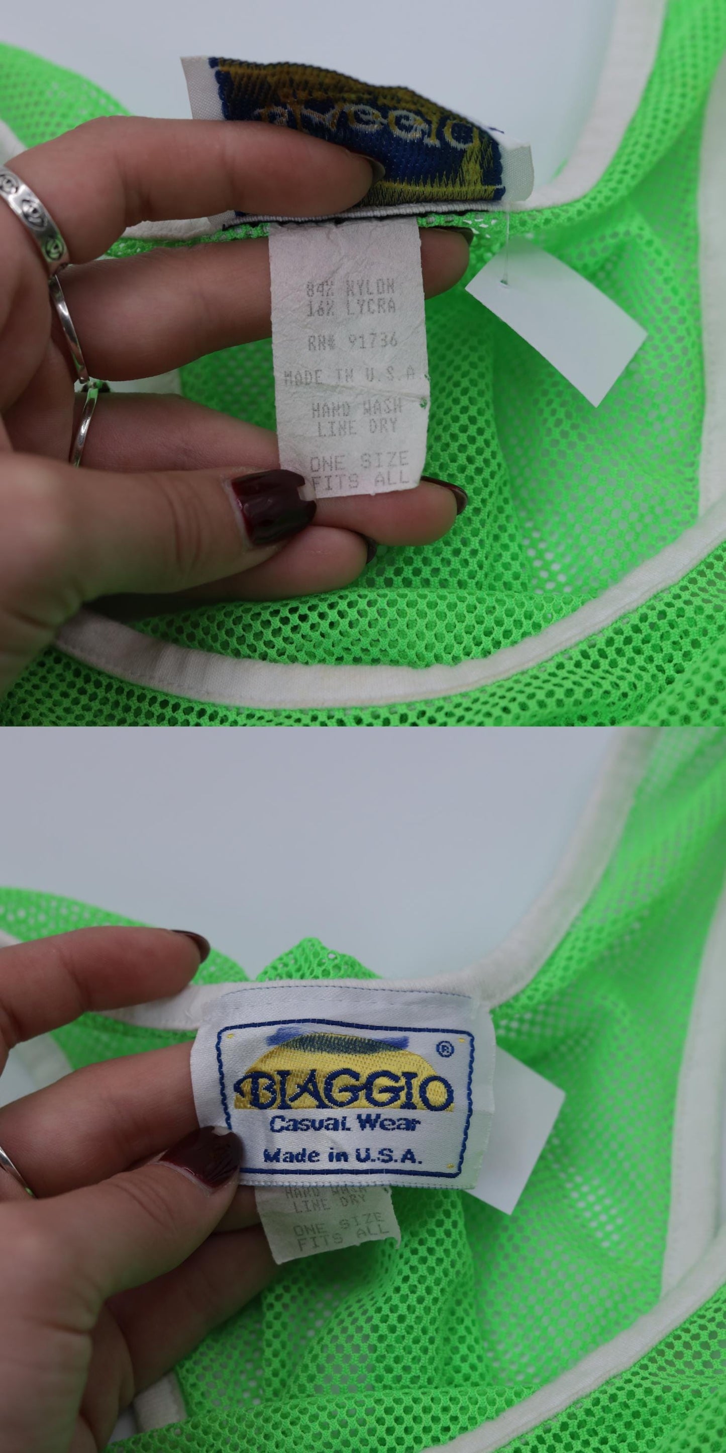 90s Neon Green Mesh Tank Top Sheer Racerback White Ringer Trim One Size