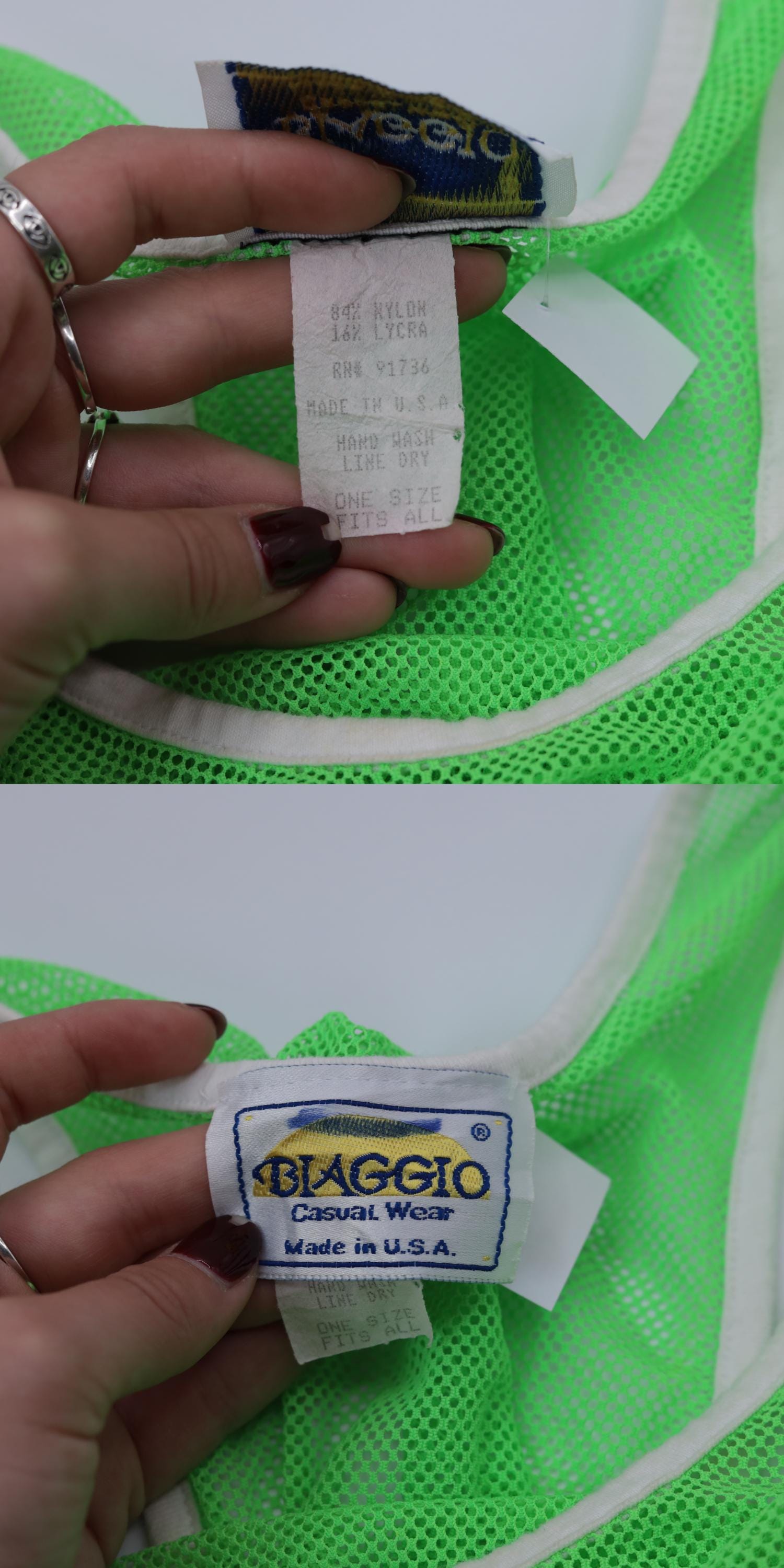 90s Neon Green Mesh Tank Top Sheer Racerback White Ringer Trim One Size
