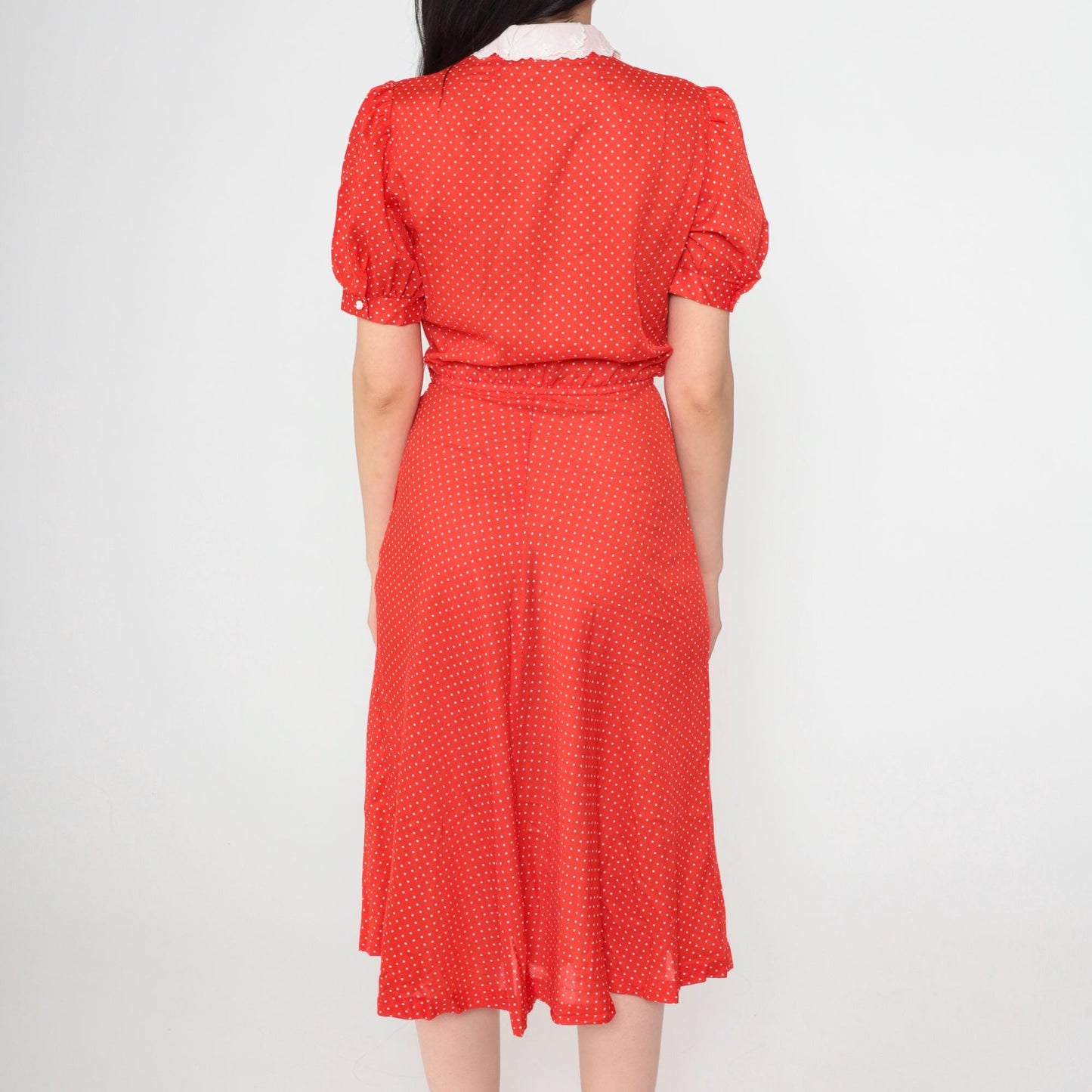 80s Red Polka Dot Midi Dress Peter Pan Collar Puff Sleeve High Waist Extra Small