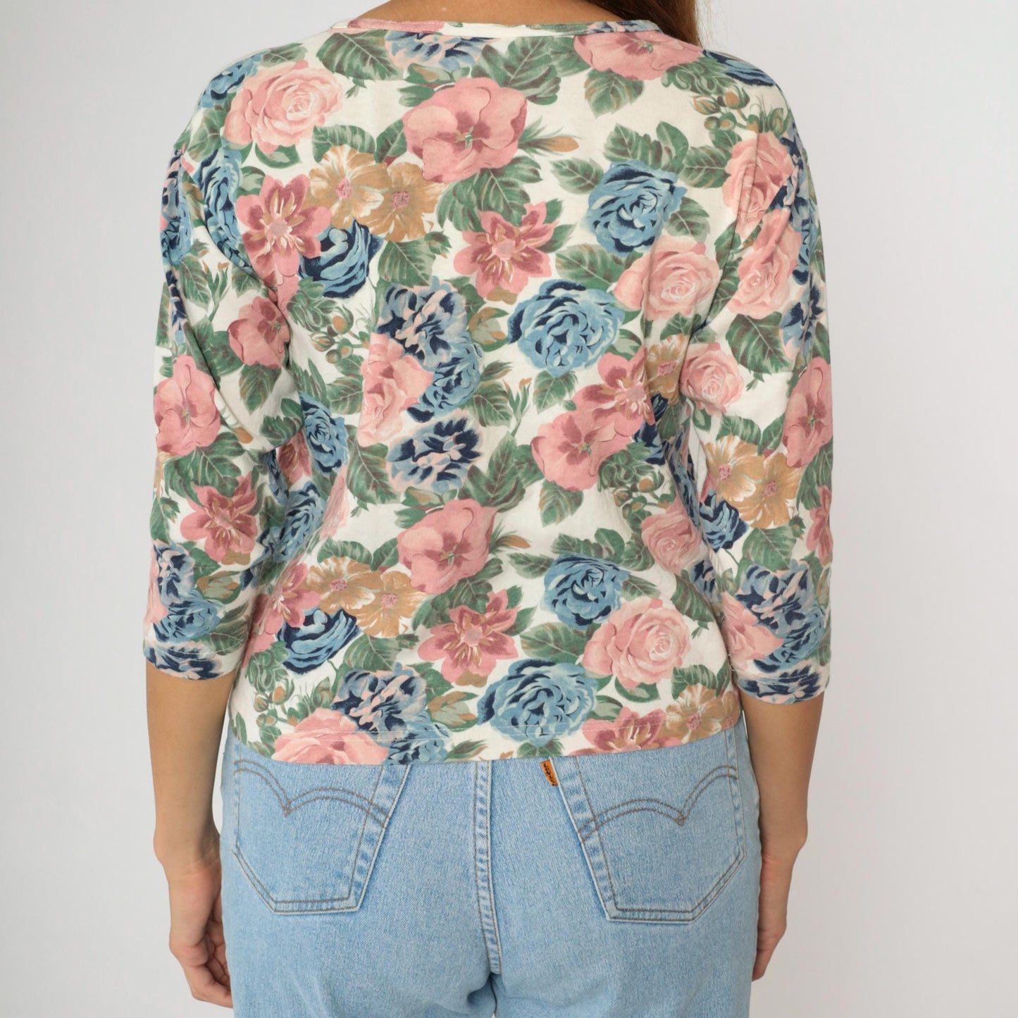 90s Floral Henley Shirt Pastel Print 3/4 Sleeve Button Up Cotton Medium M
