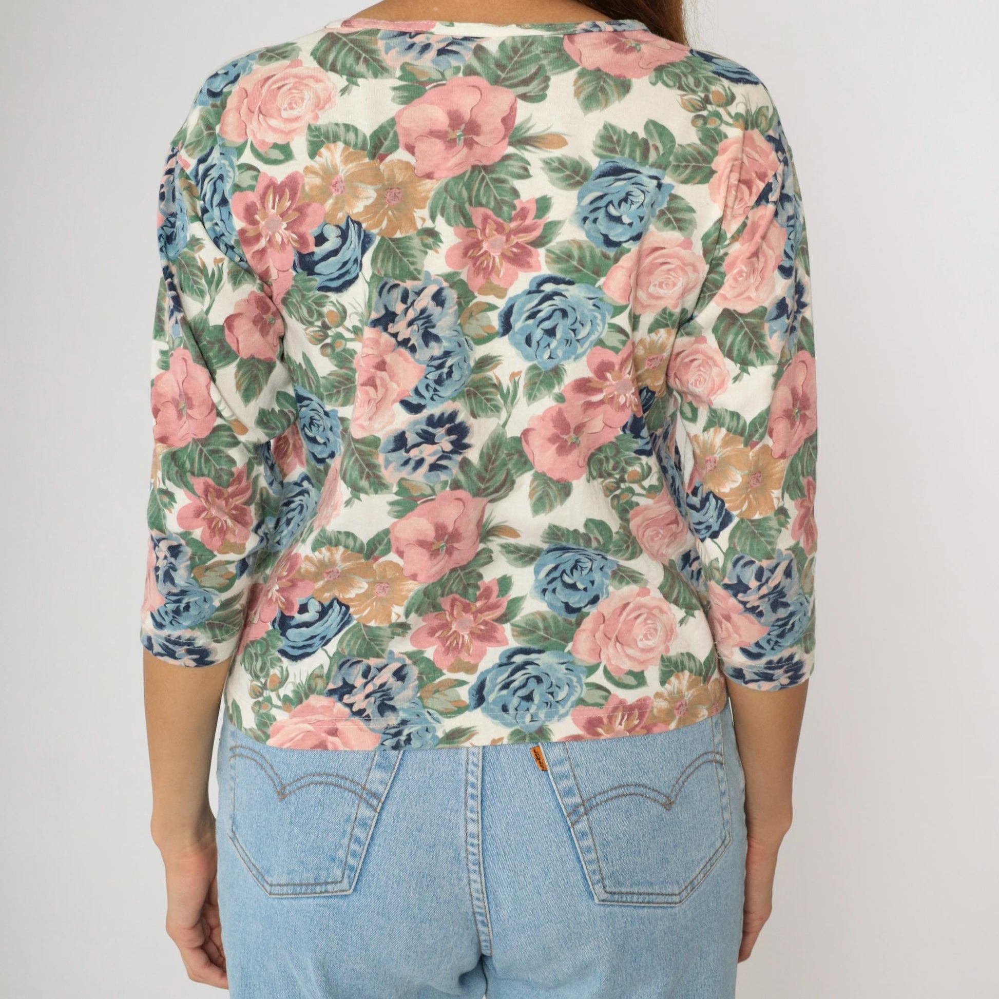 90s Floral Henley Shirt Pastel Print 3/4 Sleeve Button Up Cotton Medium M