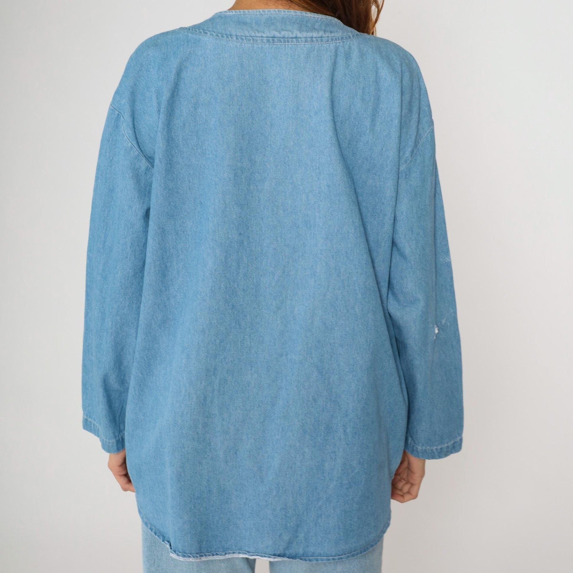 90s Blue Denim Beaded Button-Up Shirt Lace Applique Western V-Neck Extra Large