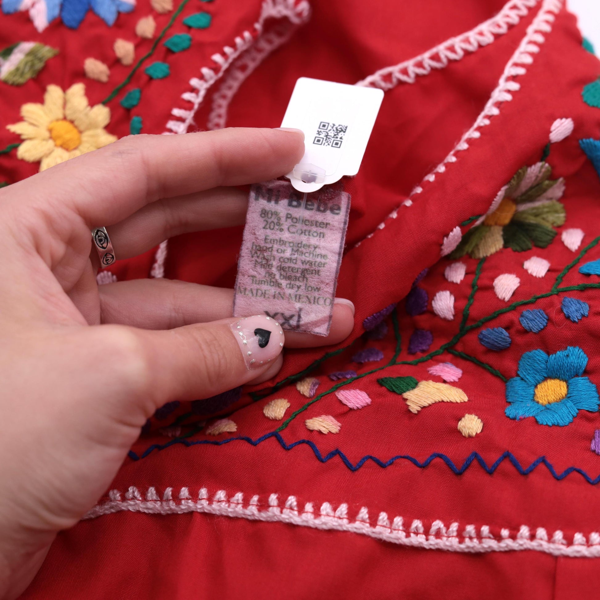 Mexican Embroidered Mini Dress Red Floral Tunic Short Sleeve XXL
