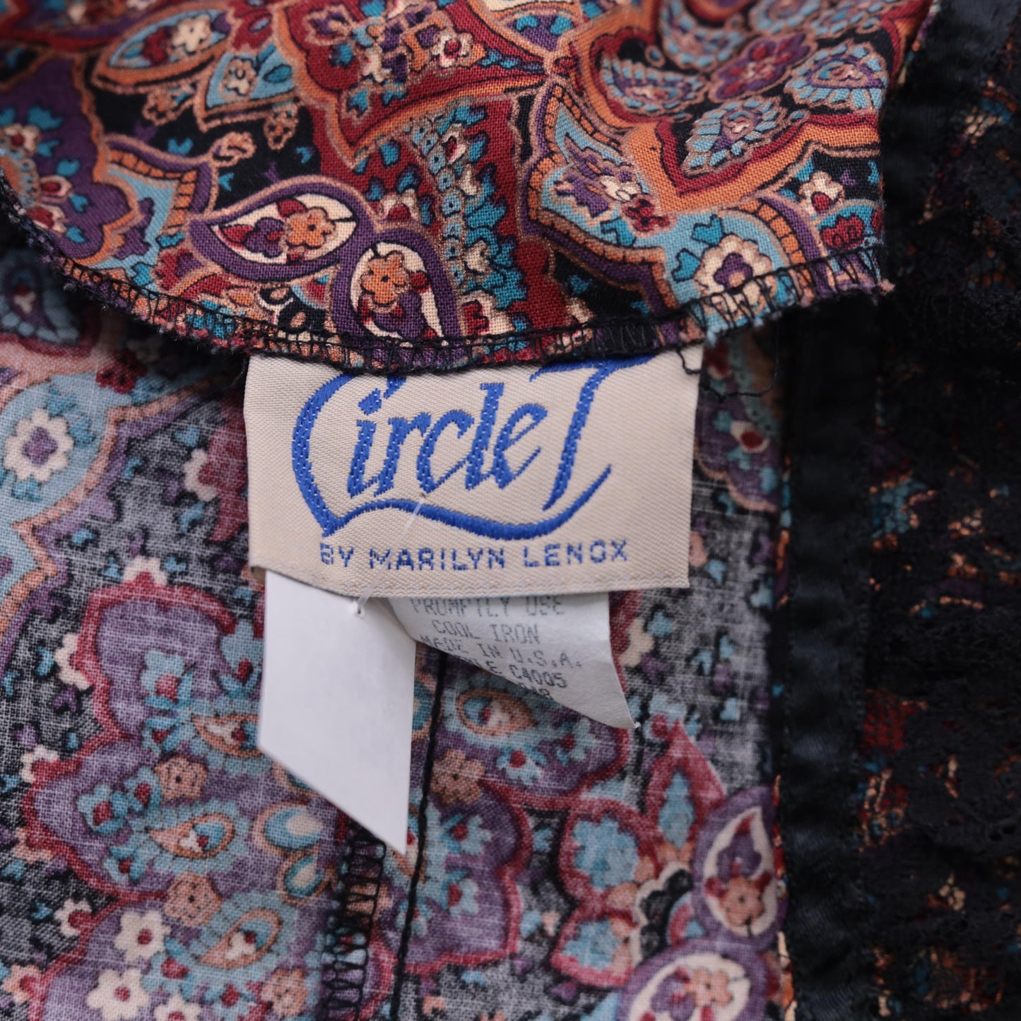 80s Paisley Button Up Blouse Puff Sleeve Lace Trim Purple Large
