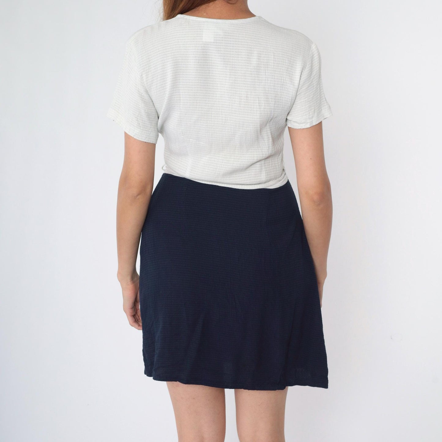 90s Sostanza Gingham Wrap Dress White Navy Mini Short Sleeve Small