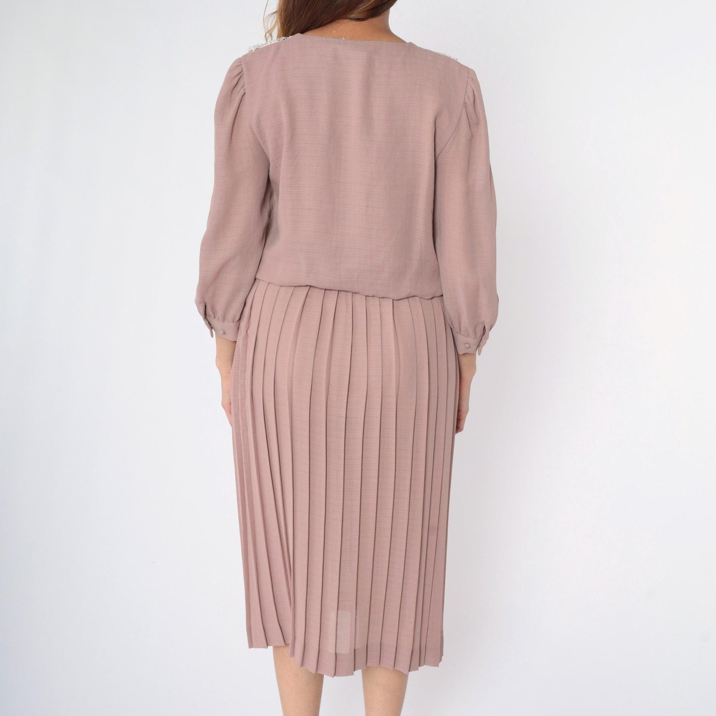 80s Mauve Pleated Midi Dress Lace Collar Long Sleeve Medium M