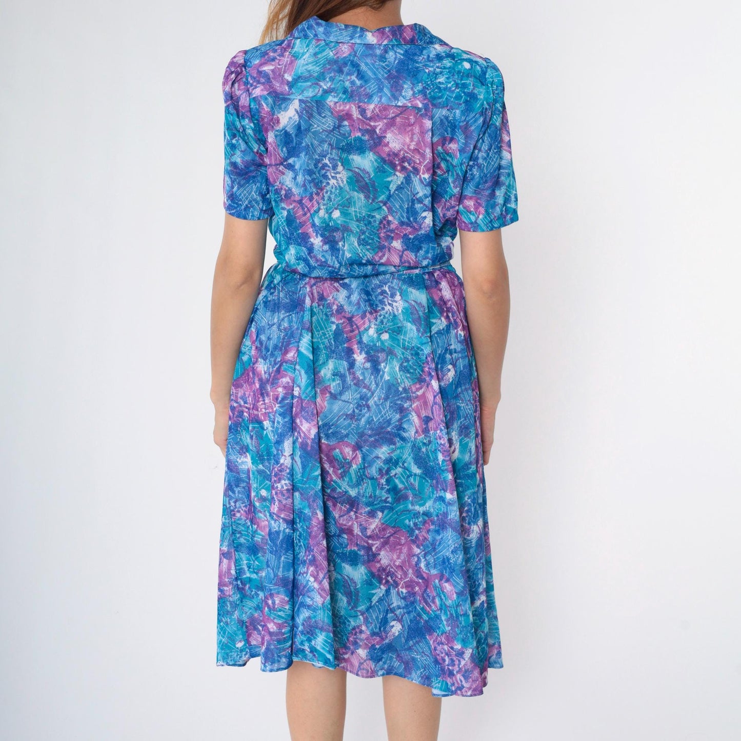 80s Abstract Floral Midi Dress Blue Purple Puff Sleeve Button Up High Waisted Small Medium