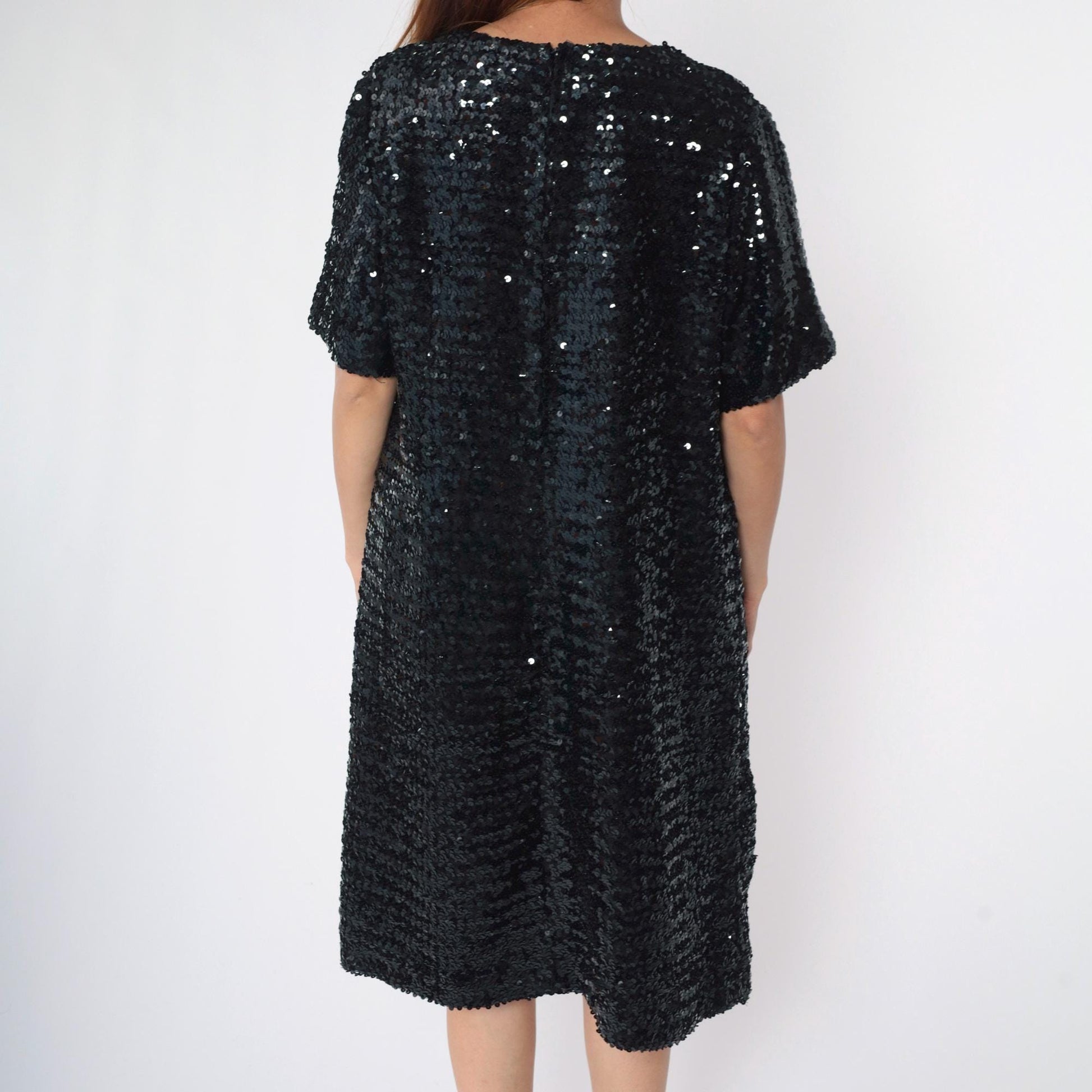 80s Black Sequin Midi Dress Short Sleeve Round Neck Shift Large L