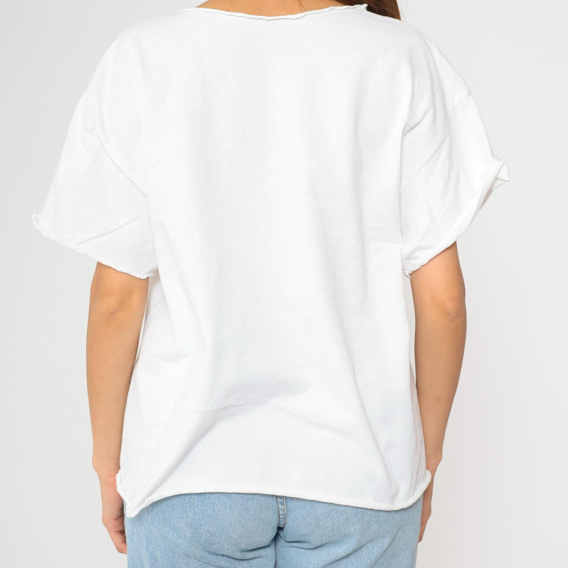 90s White Butterfly Graphic T-Shirt Raw Neckline Scoop Neck Extra Large XL