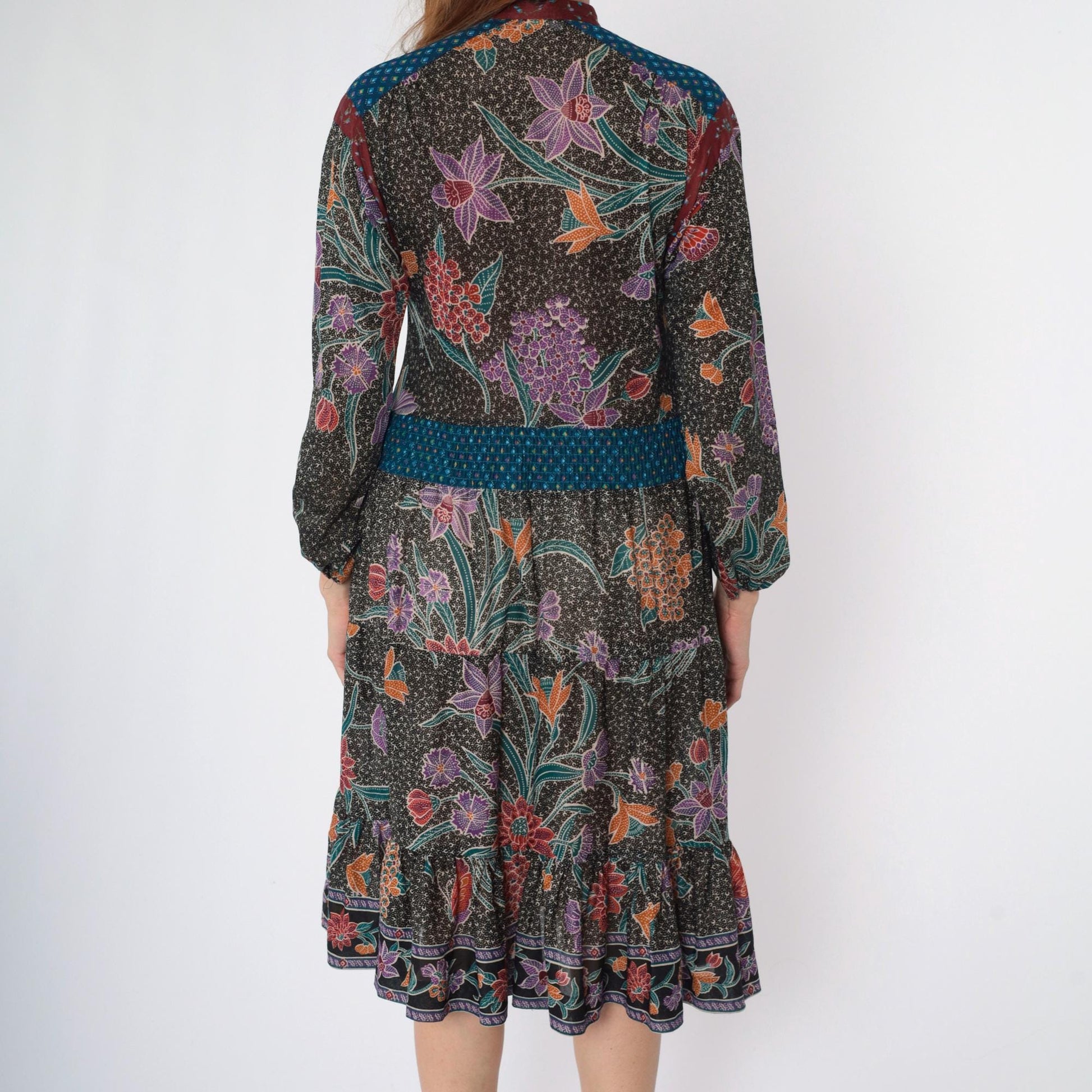 70s Black Floral Midi Dress High Neck Smocked Waist Long Sleeve Medium M