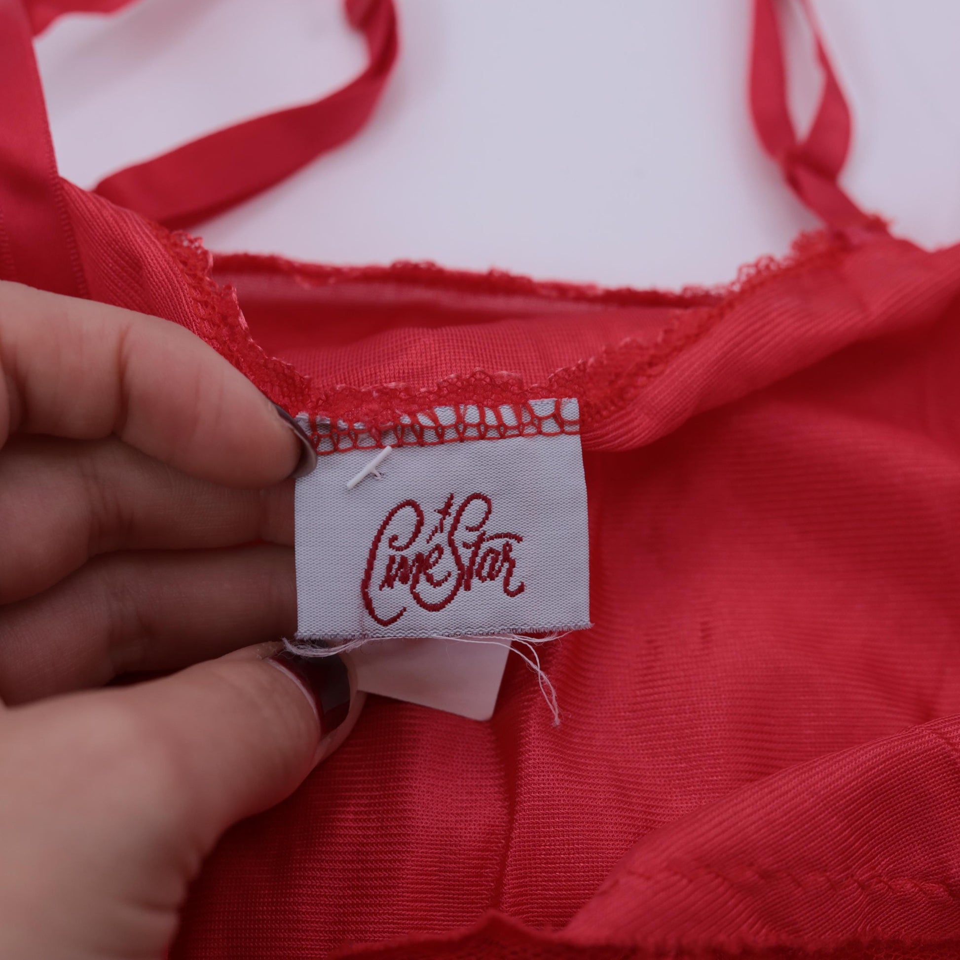 80s Red Satin Camisole Lace Trim Sweetheart Neckline Small S