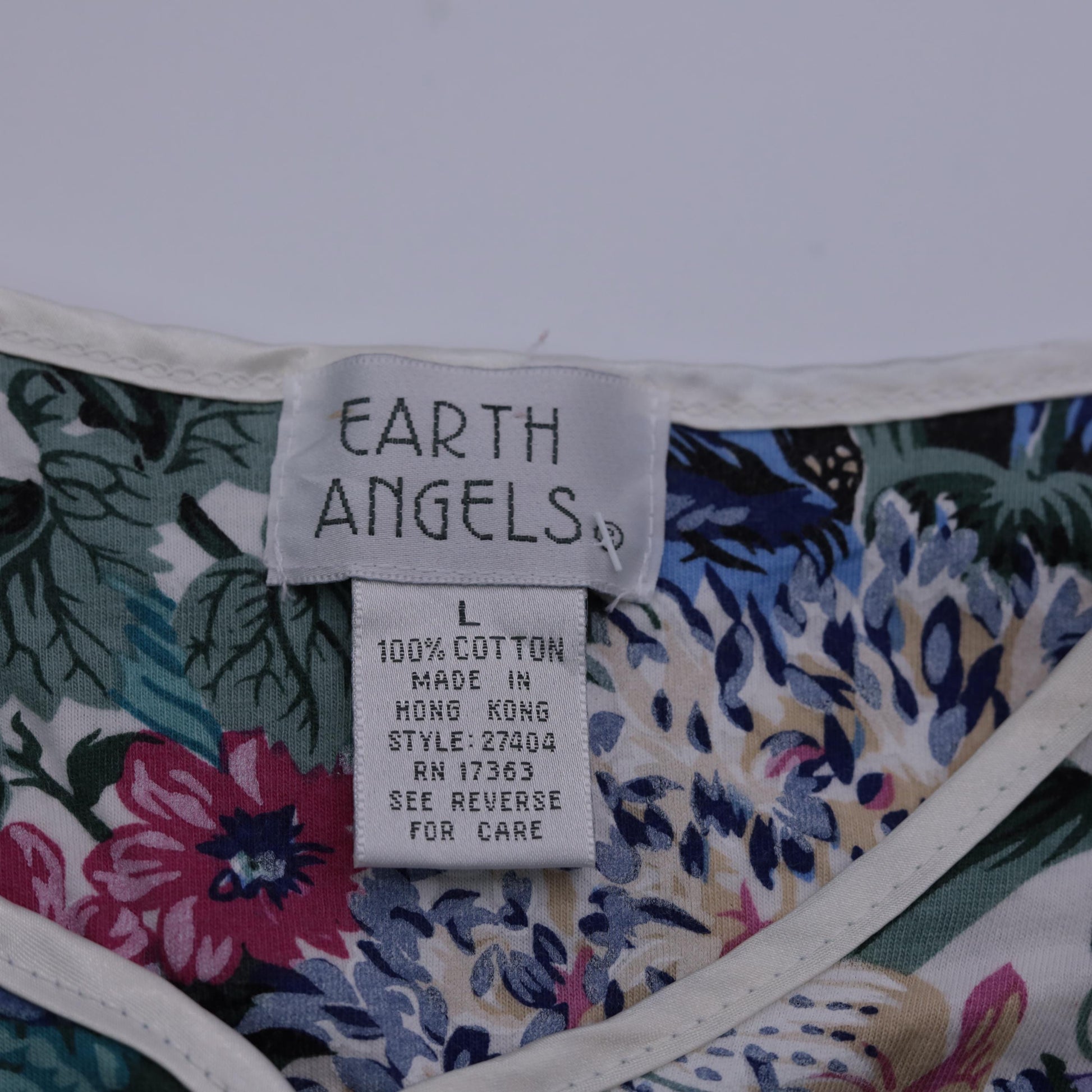 90s Earth Angels Floral Cotton Blouse White Purple Blue Green Piped Trim Large