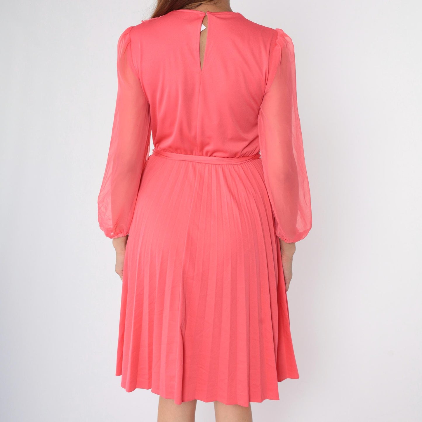 70s Pink Chiffon Ruffle Midi Dress Pleated Elastic Waist Small S