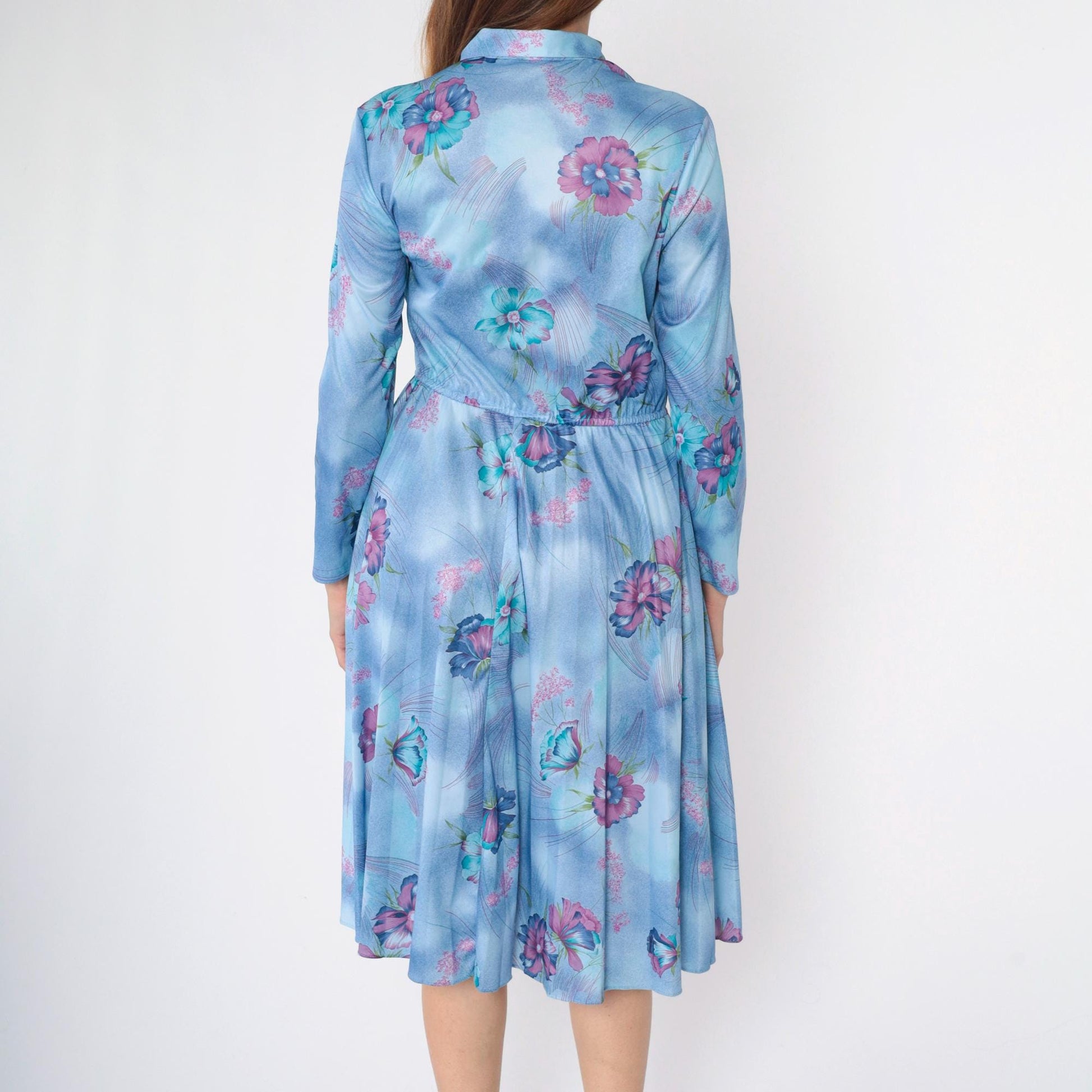 70s Sears Floral Midi Shirt Dress Blue High Waist Pleated Medium