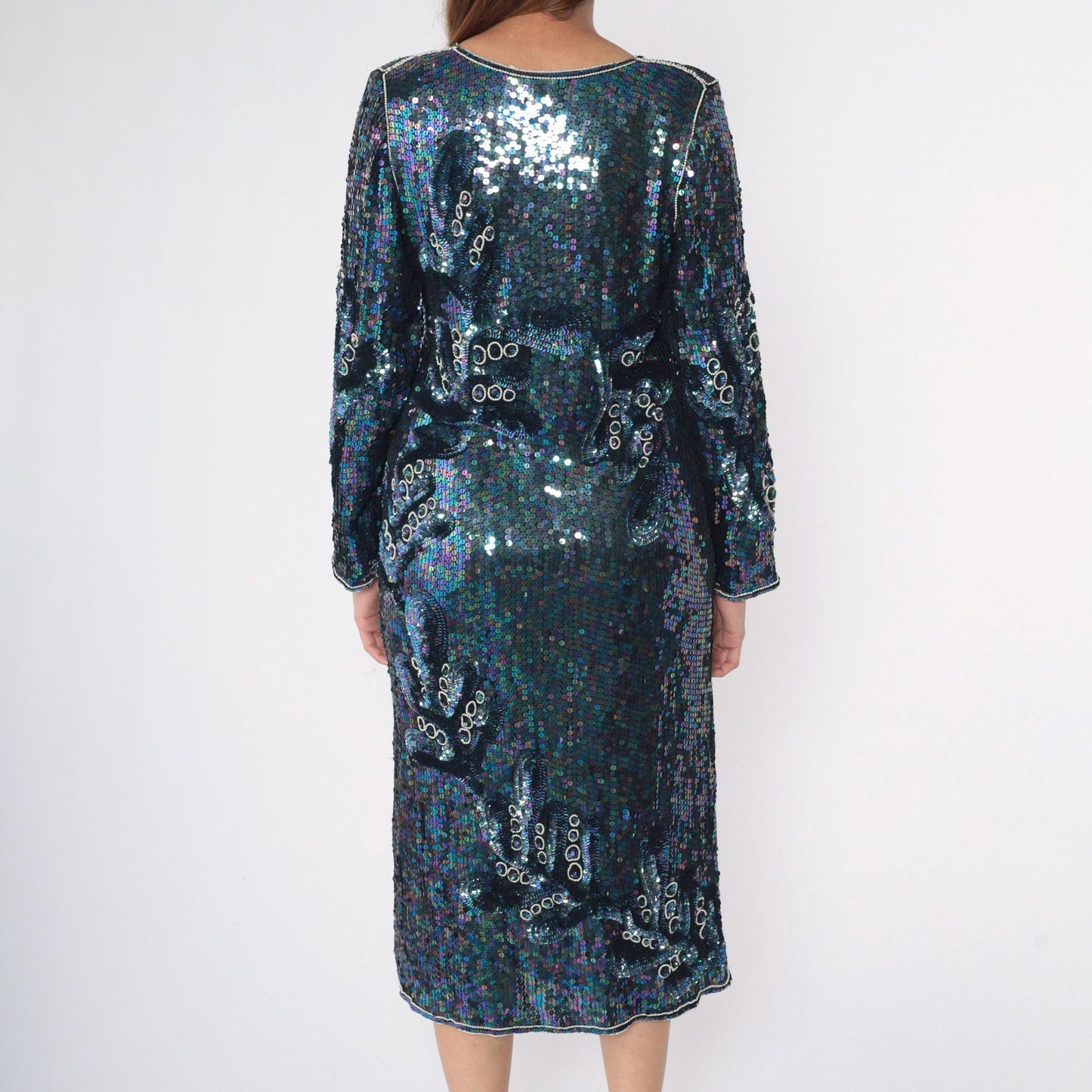 80s Blue Sequin Silk Midi Dress Iridescent Beaded V-Neck Long Sleeve Small