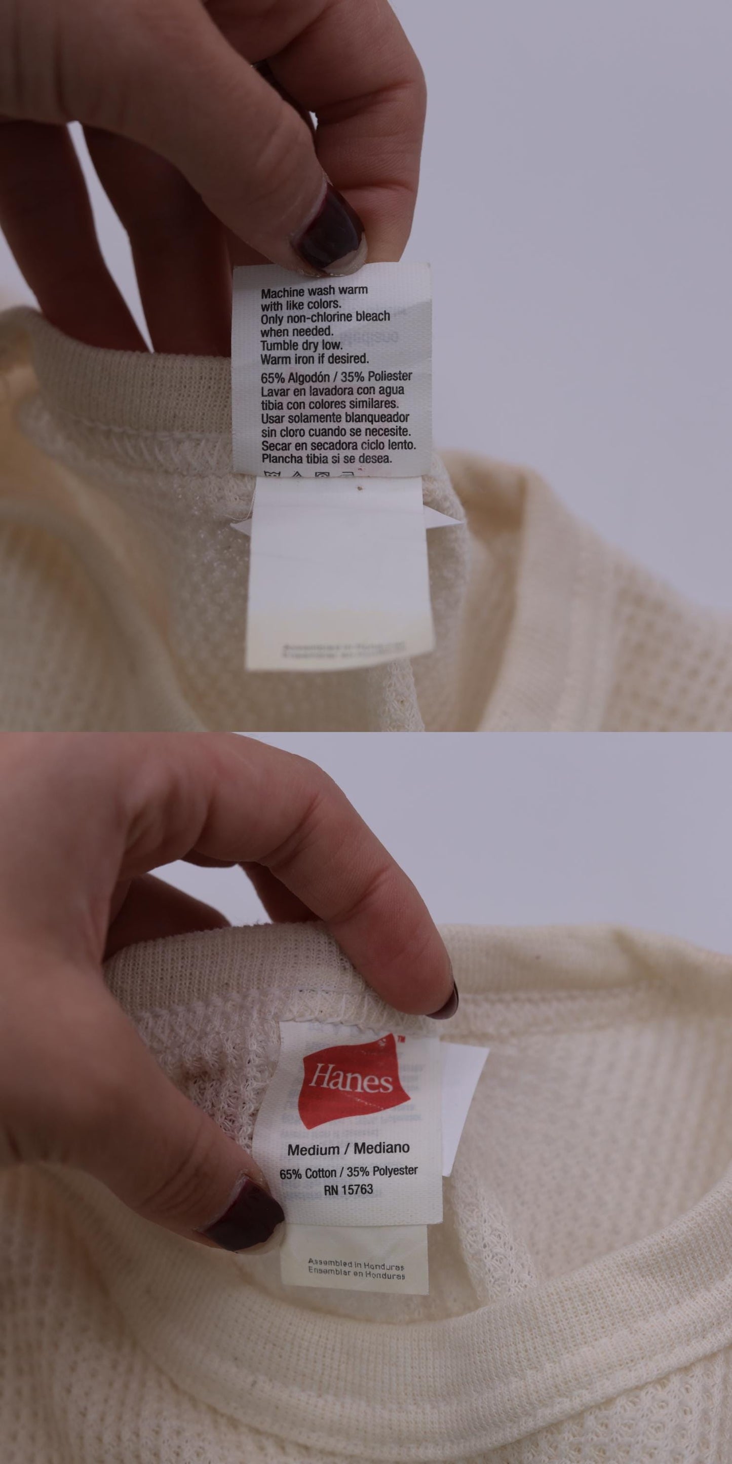 Y2K Hanes Cream Waffle Knit Thermal Long Sleeve Tee Medium M
