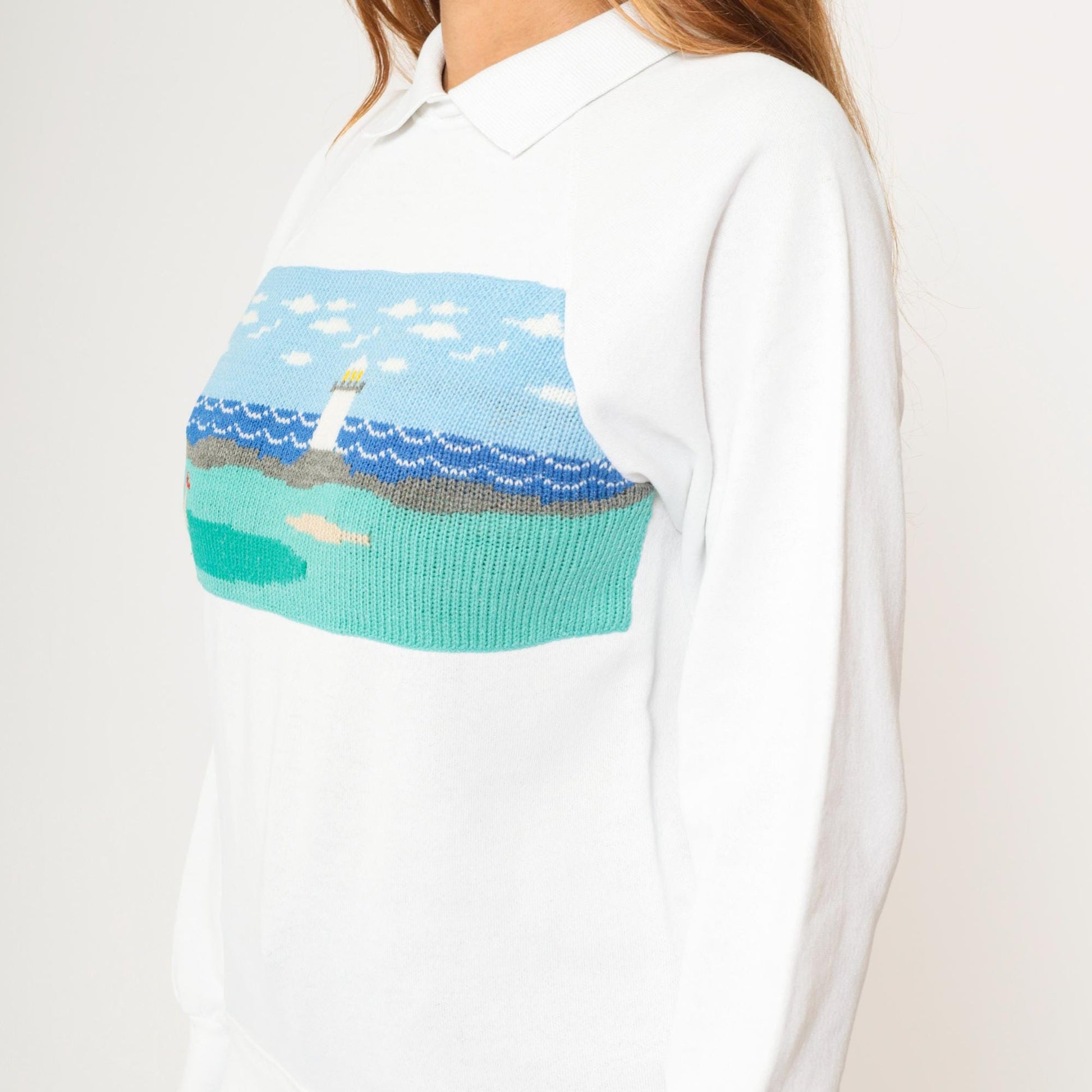 90s Hanes Golf Sweatshirt Lighthouse Scene Knit Panel White Small