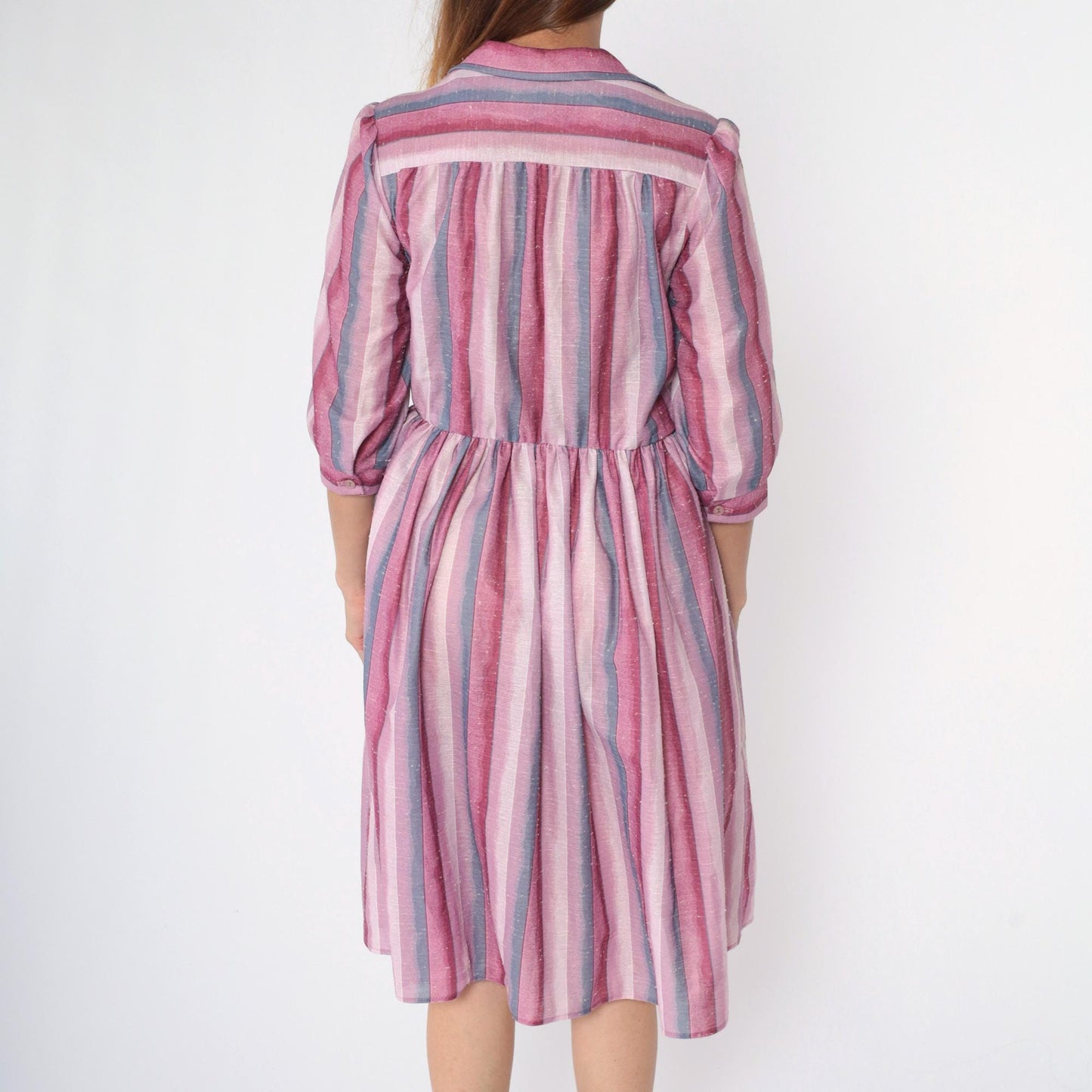 80s Pink Purple Striped Midi Shirtdress Embroidered Collar Button Up Medium M