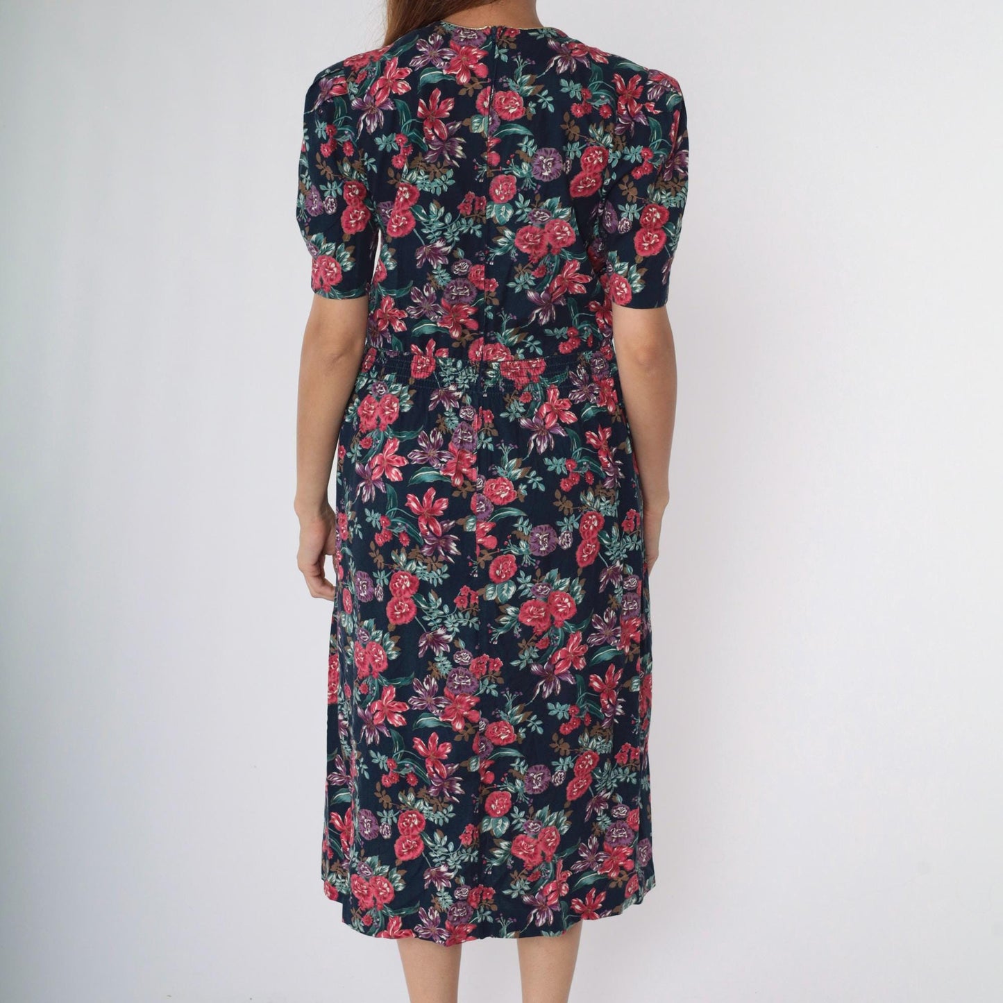 80s Navy Floral Midi Dress Puff Sleeve Basque Waist Smocked Back Medium Petite