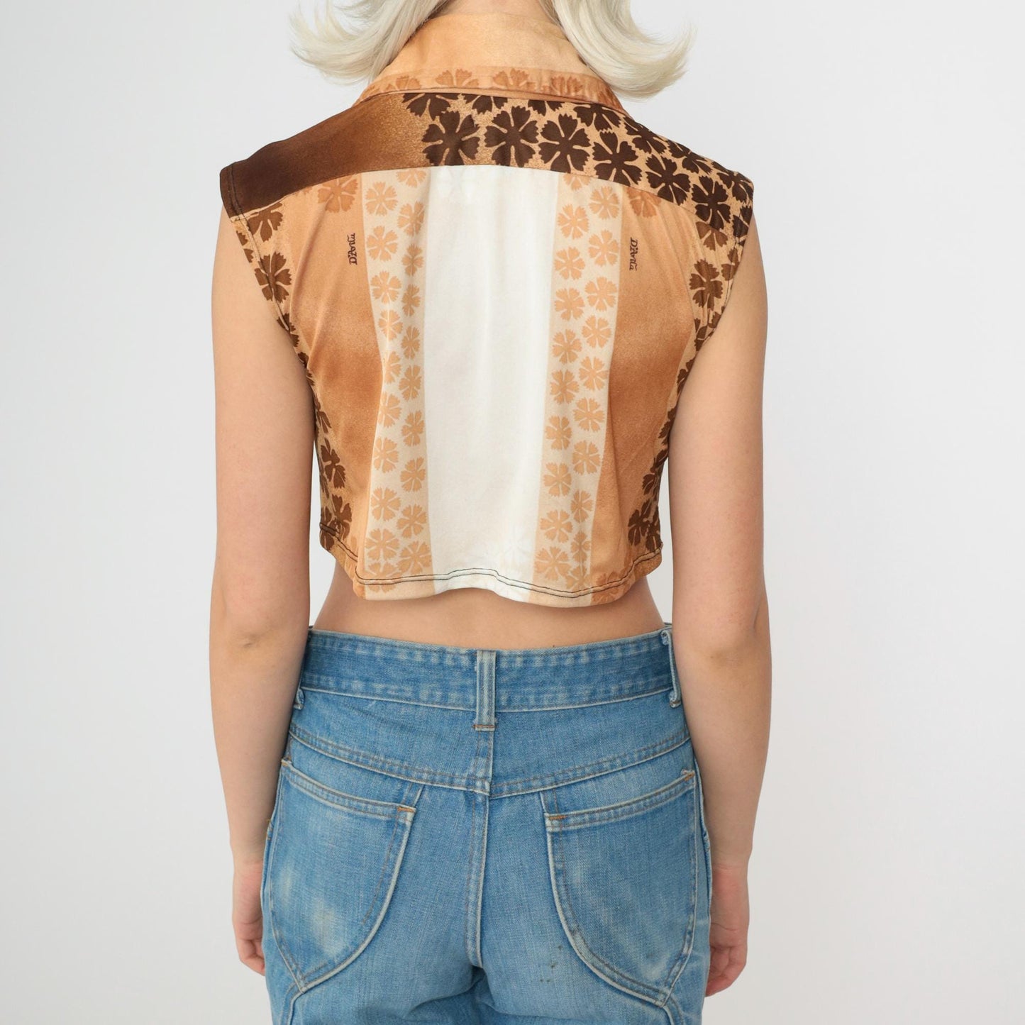 70s Floral Color Block Crop Top Tie Waist Sleeveless Button Up Medium