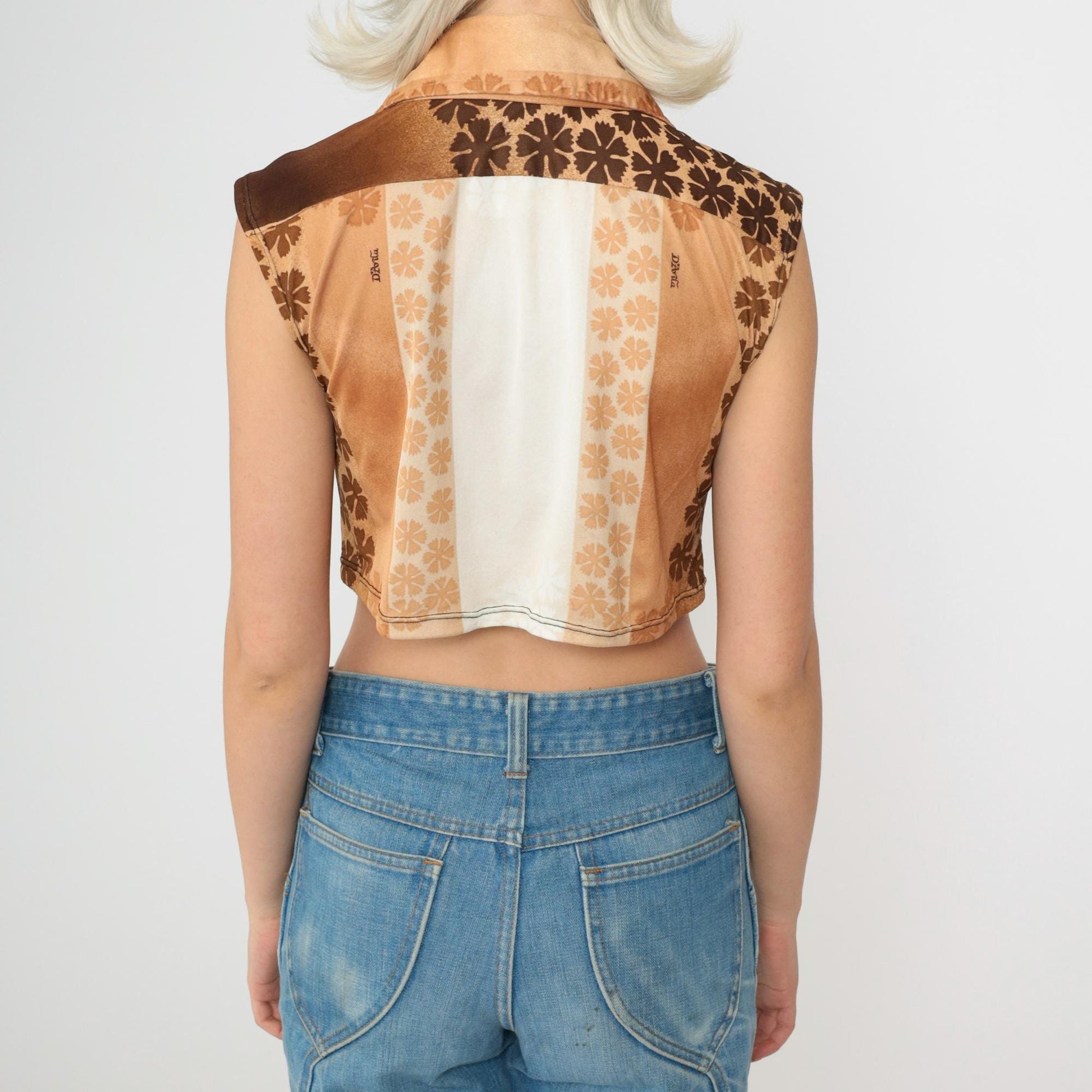 70s Floral Color Block Crop Top Tie Waist Sleeveless Button Up Medium