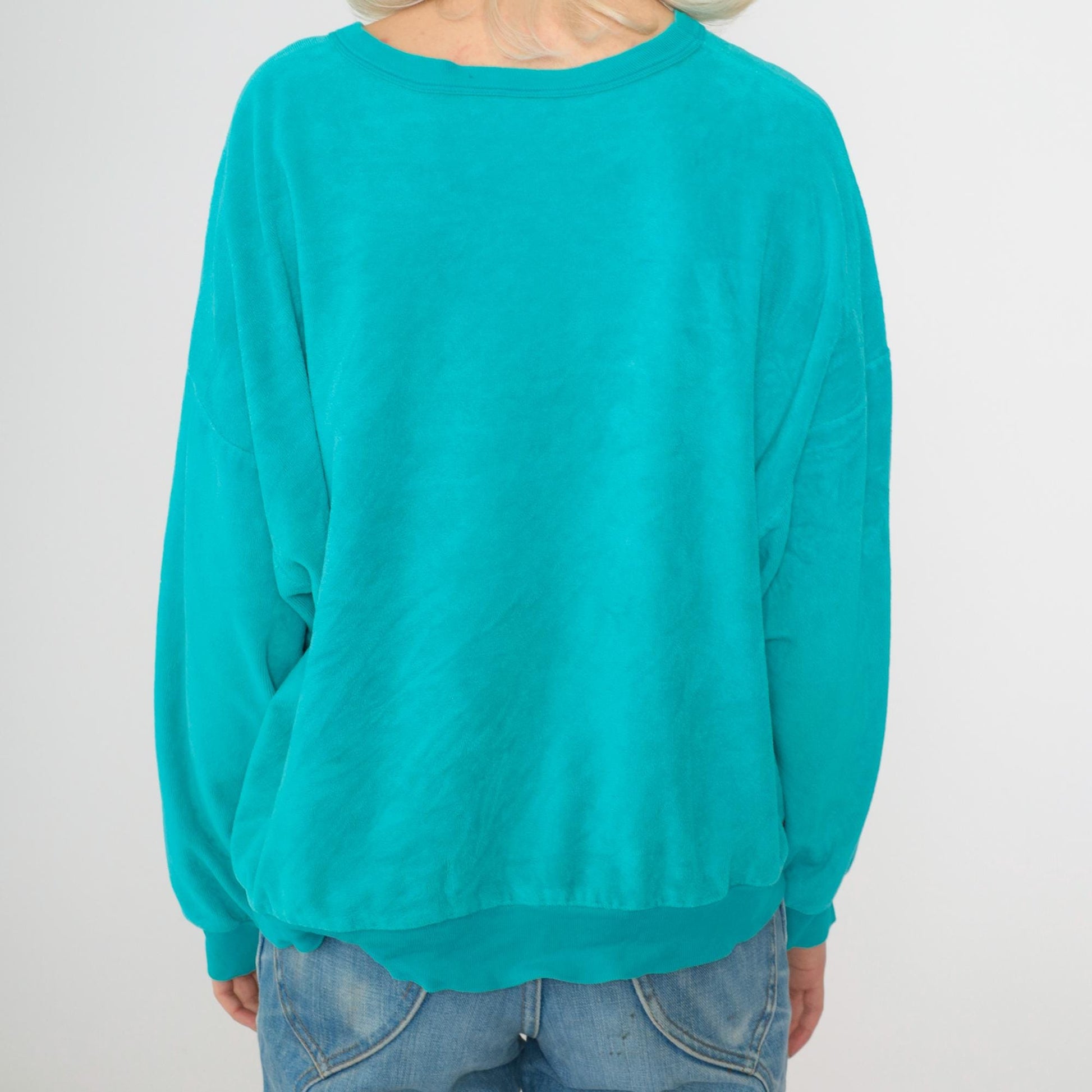 80s Turquoise Velour Sweatshirt Color Block Diamond Crewneck Large L