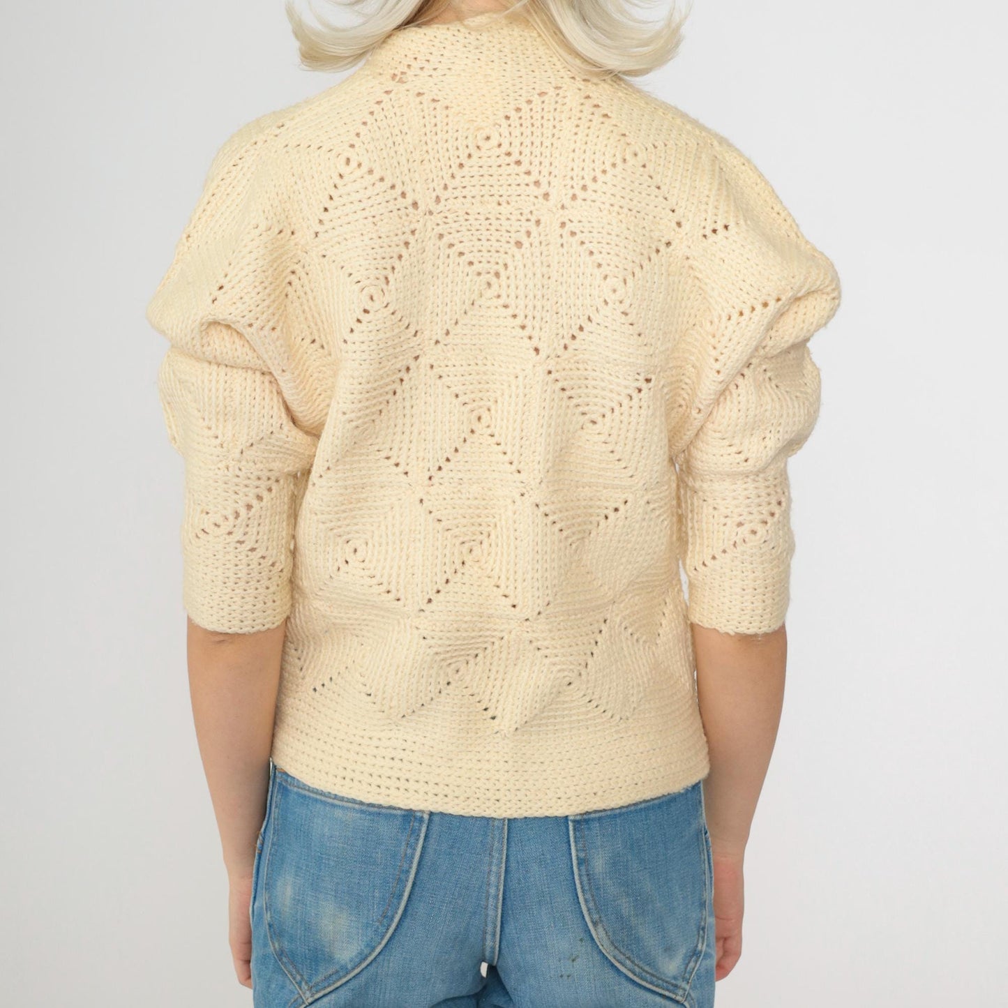 70s Cream Open Knit Cardigan Cropped Dolman Sleeve Geometric Textured Extra Small