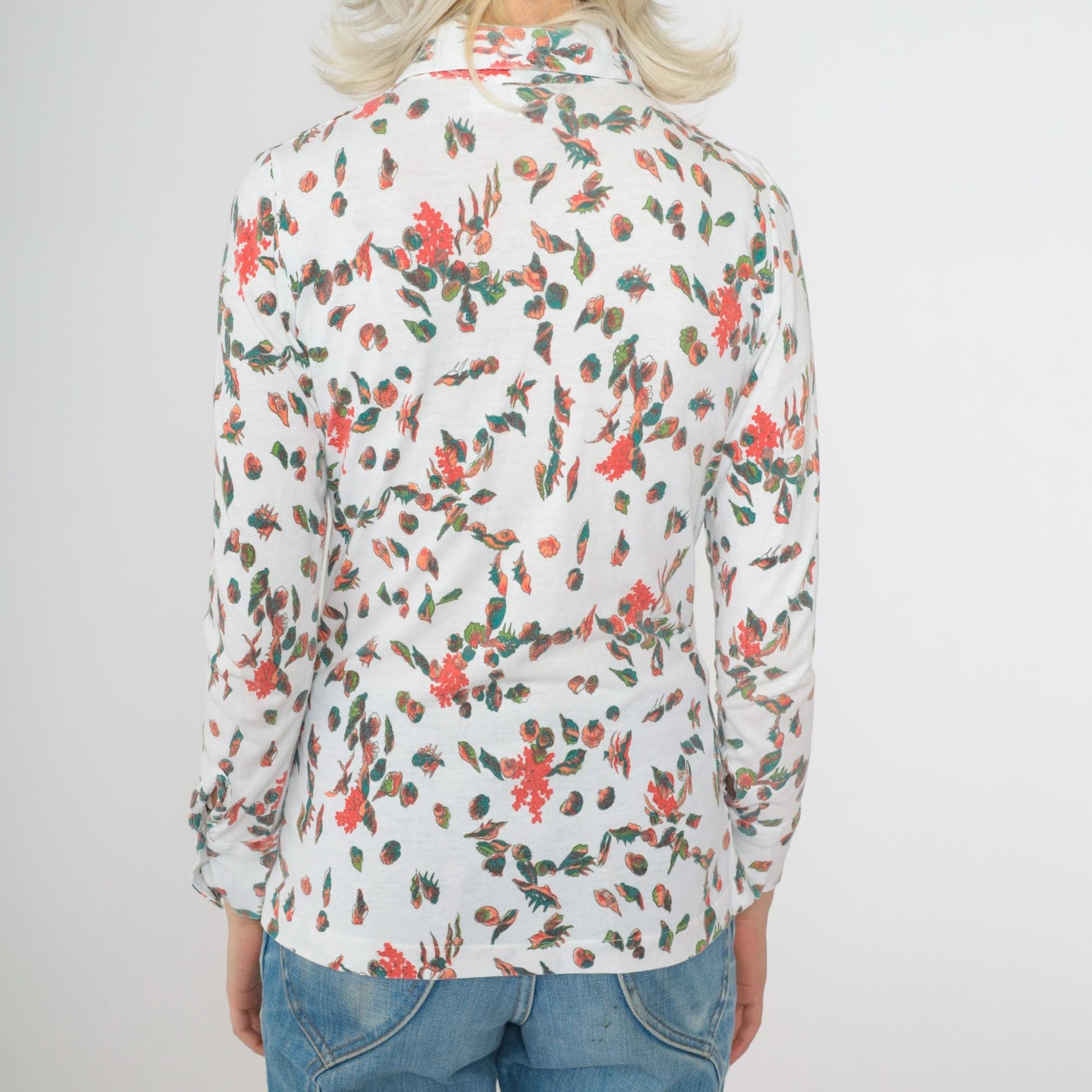 70s Seashell Print Button-Up Blouse White Novelty Shirt Long Sleeve Small